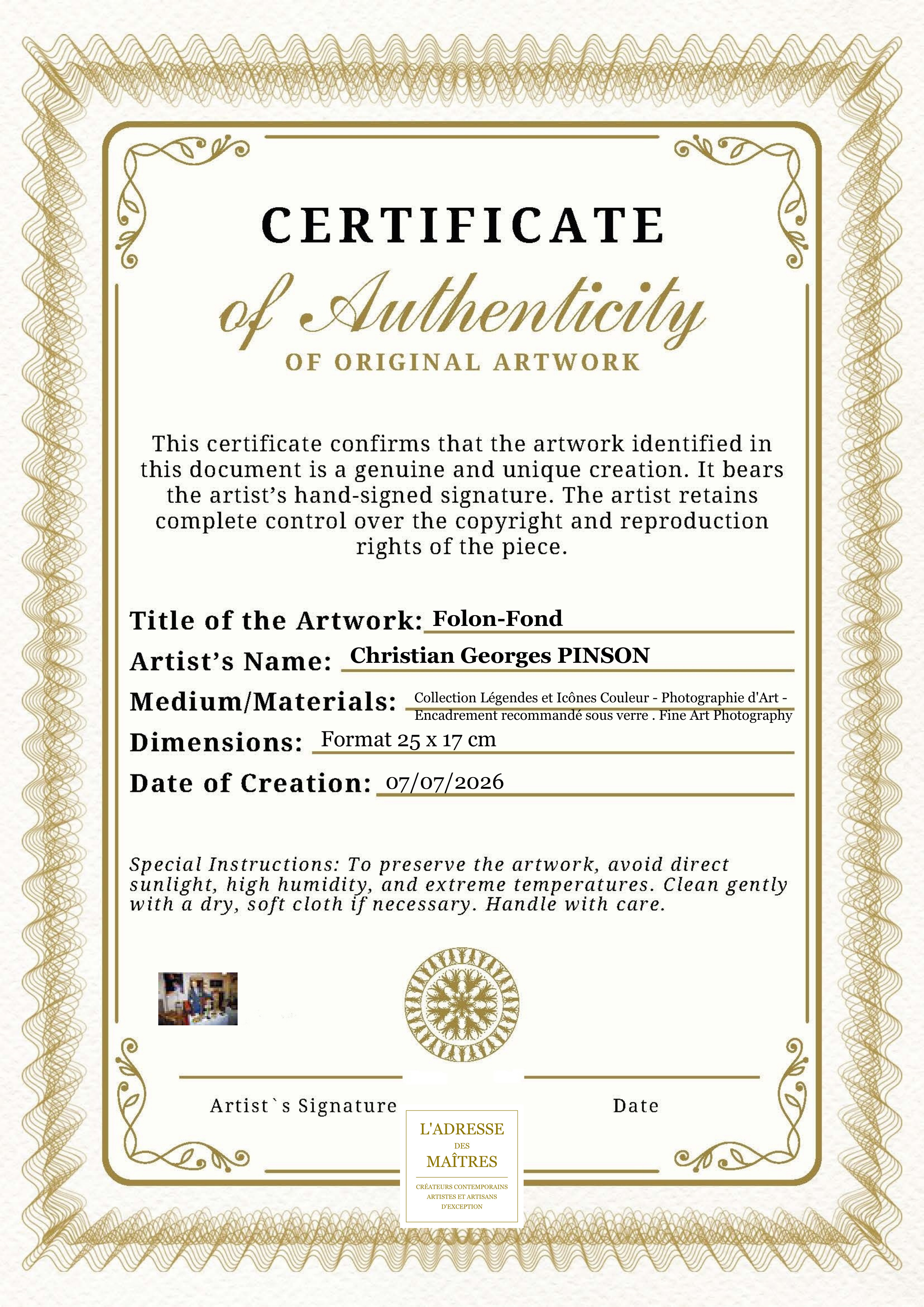 Certificat d'authenticité — Folon-Fond — Christian Georges PINSON
