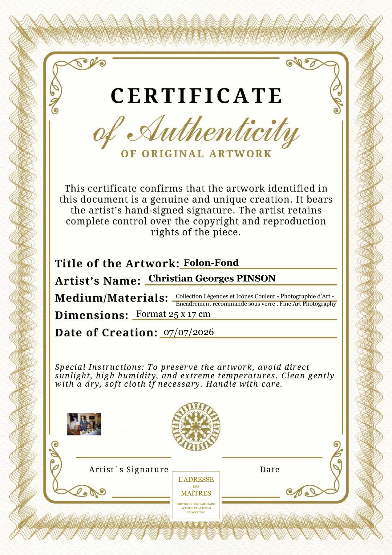 Certificat d'authenticité - Folon-Fond - Christian Georges PINSON