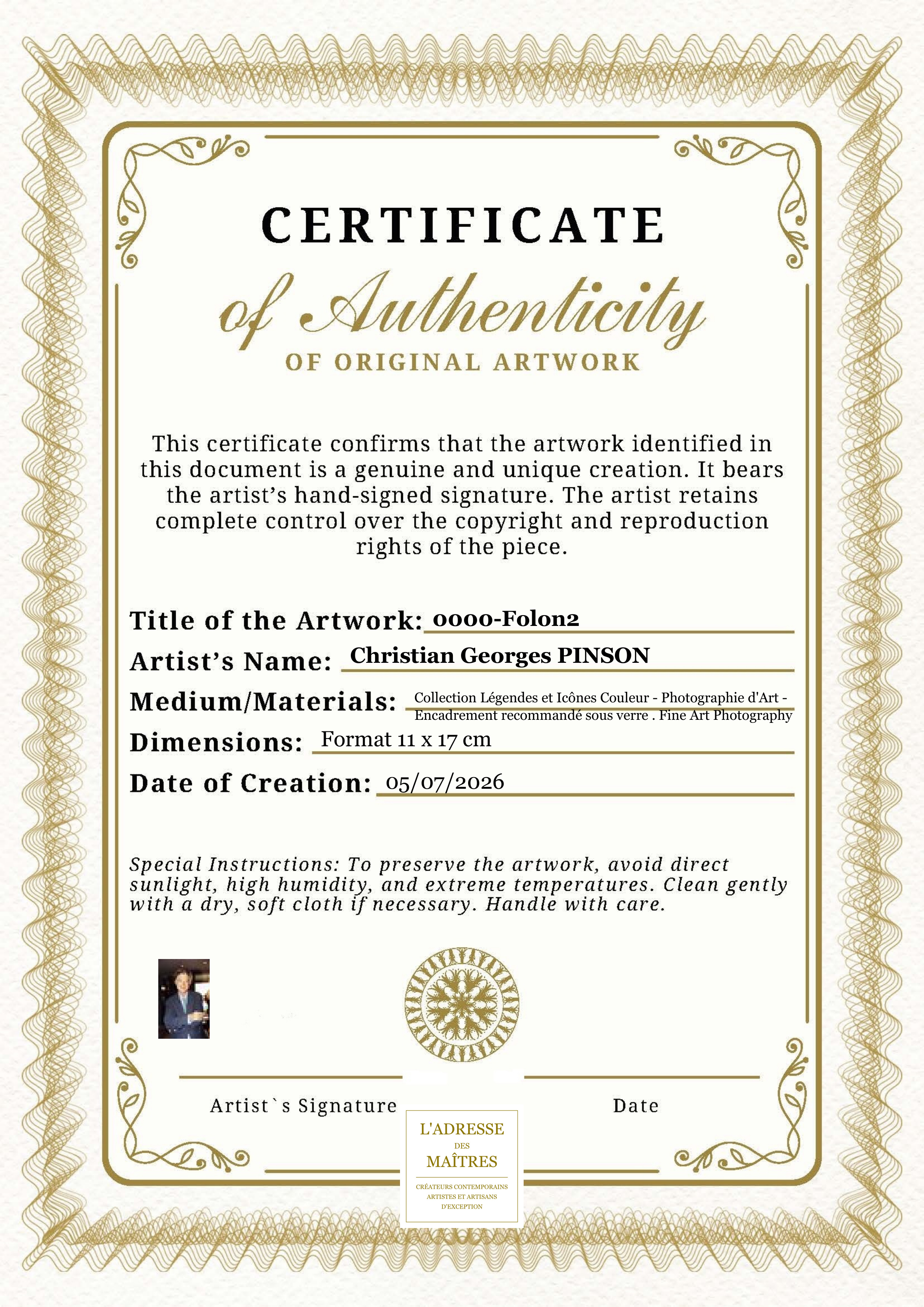 Certificat d'authenticité — 0000-Folon2 — Christian Georges PINSON
