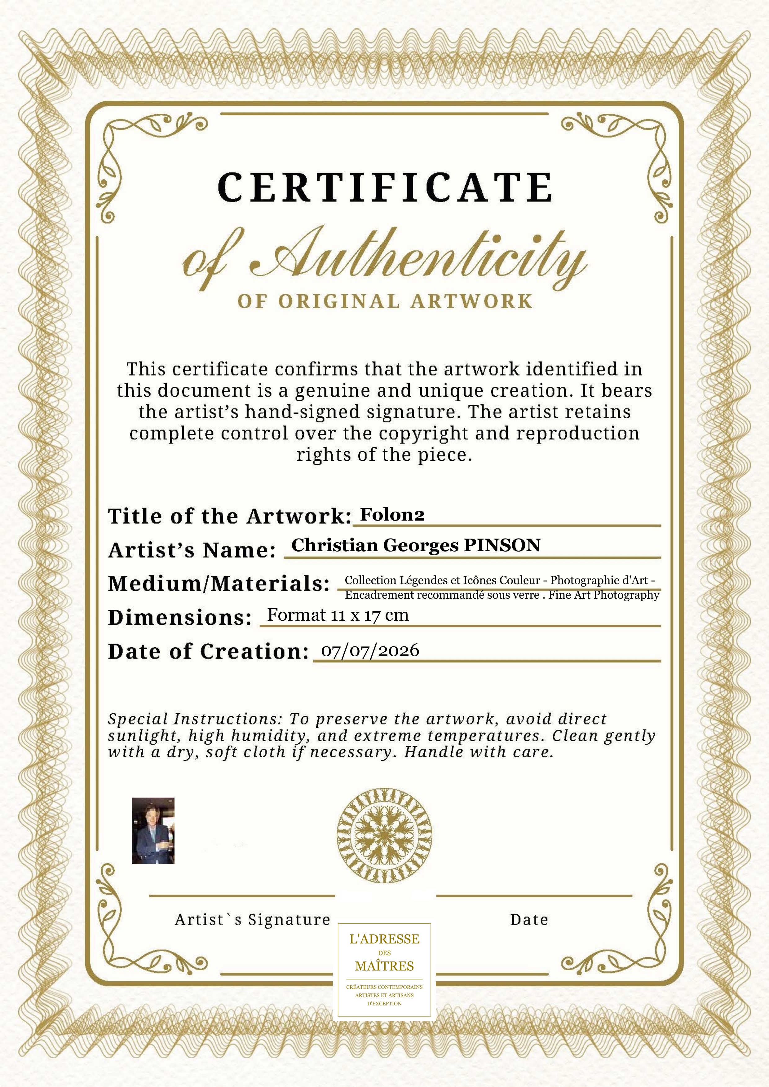 Certificat d'authenticité — Folon2 — Christian Georges PINSON
