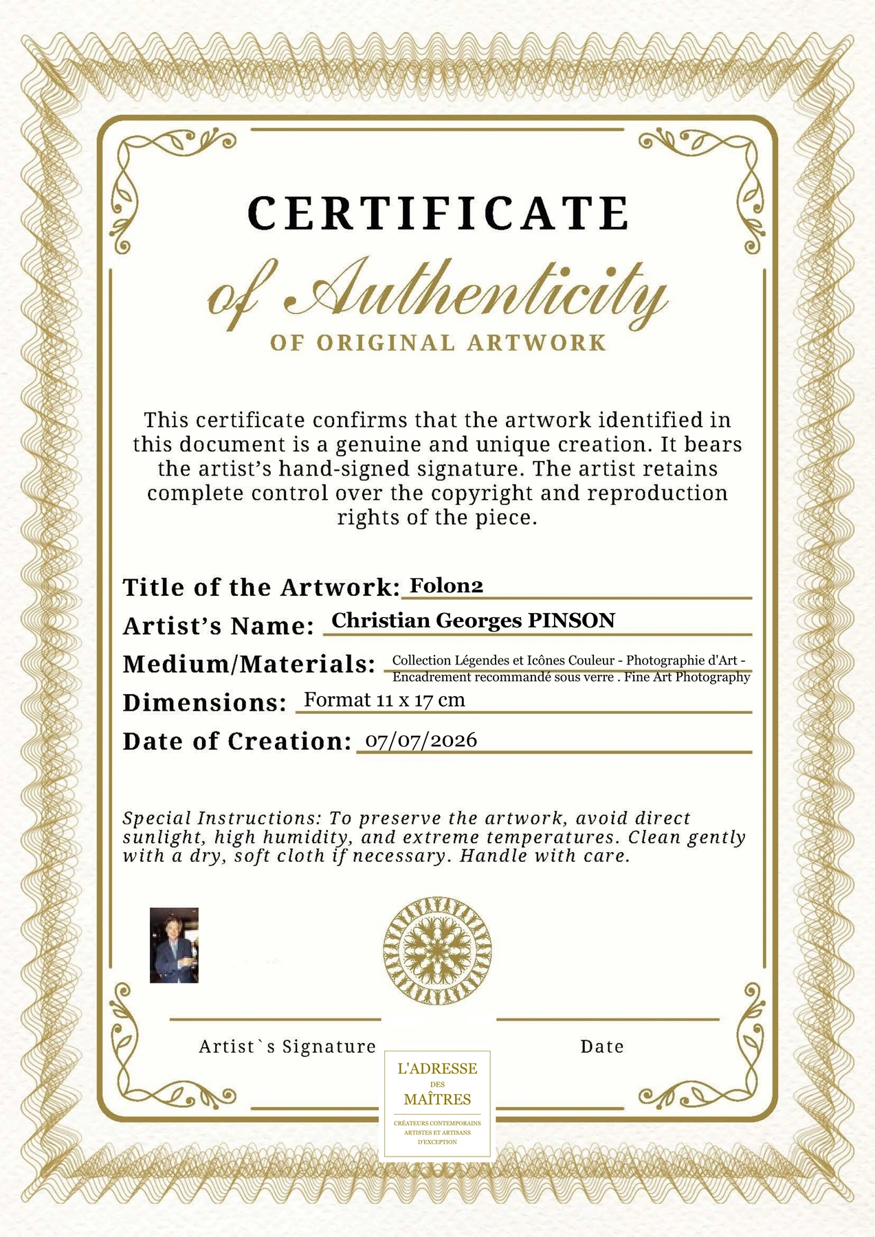 Certificat d'authenticité - Folon2 - Christian Georges PINSON
