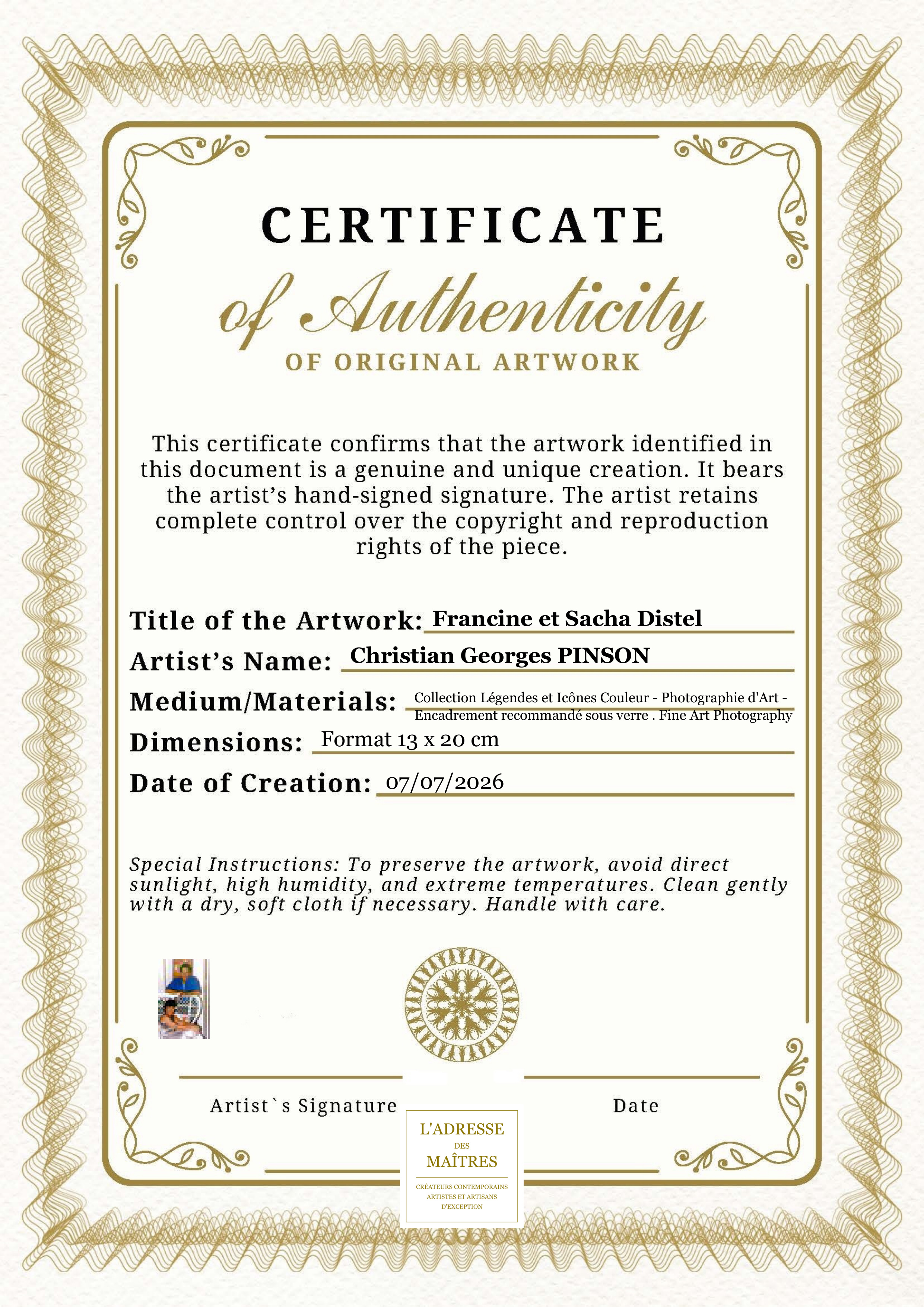 Certificat d'authenticité — Francine et Sacha Distel — Christian Georges PINSON