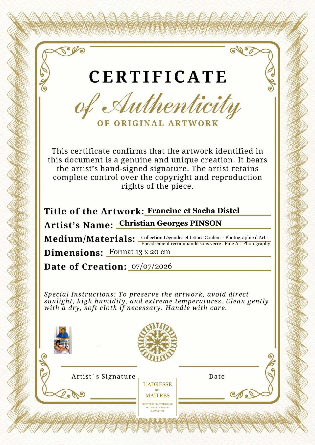 Certificat d'authenticité - Francine et Sacha Distel - Christian Georges PINSON