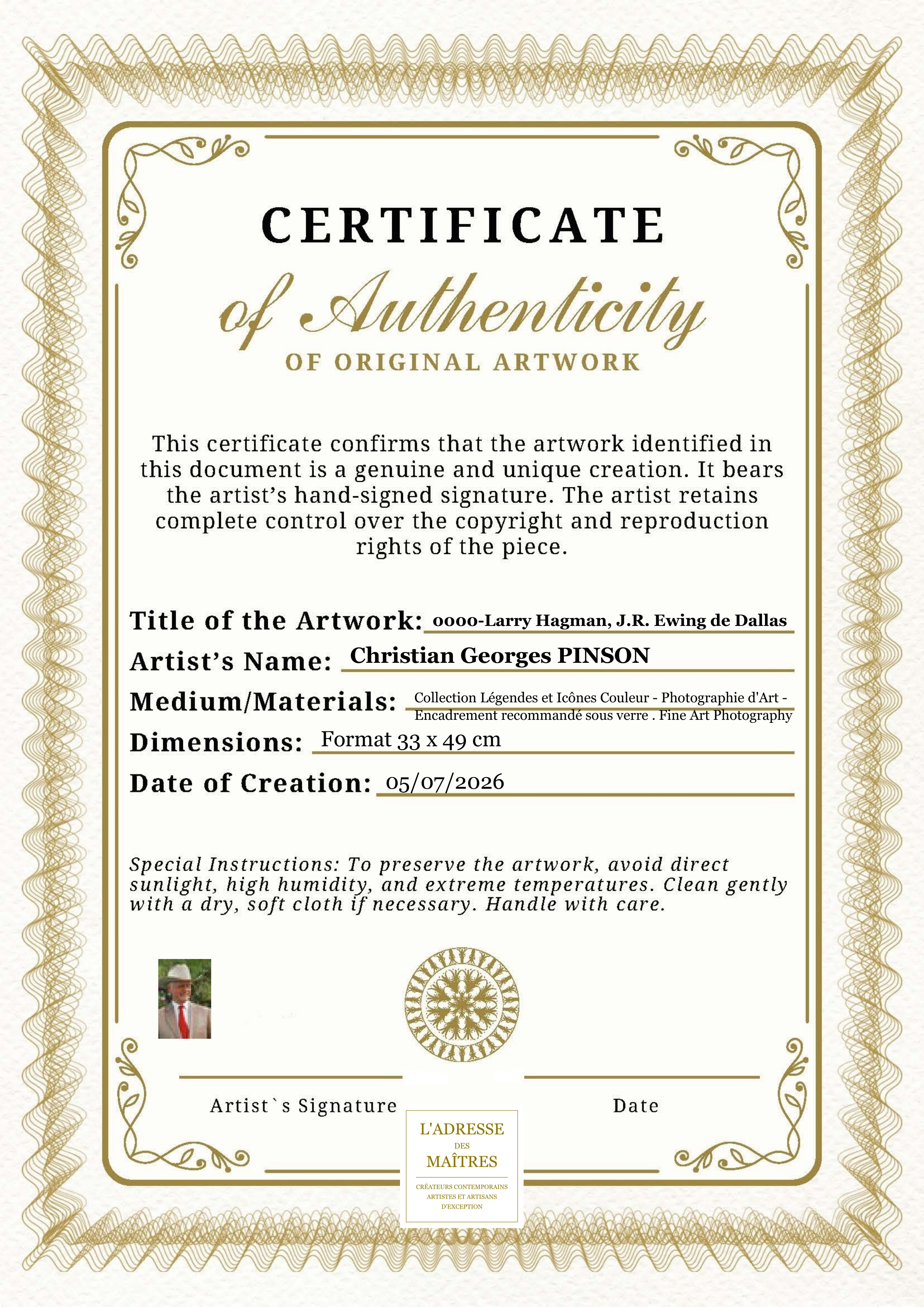 Certificat d'authenticité — 0000-Larry Hagman, J.R. Ewing de Dallas — Christian Georges PINSON