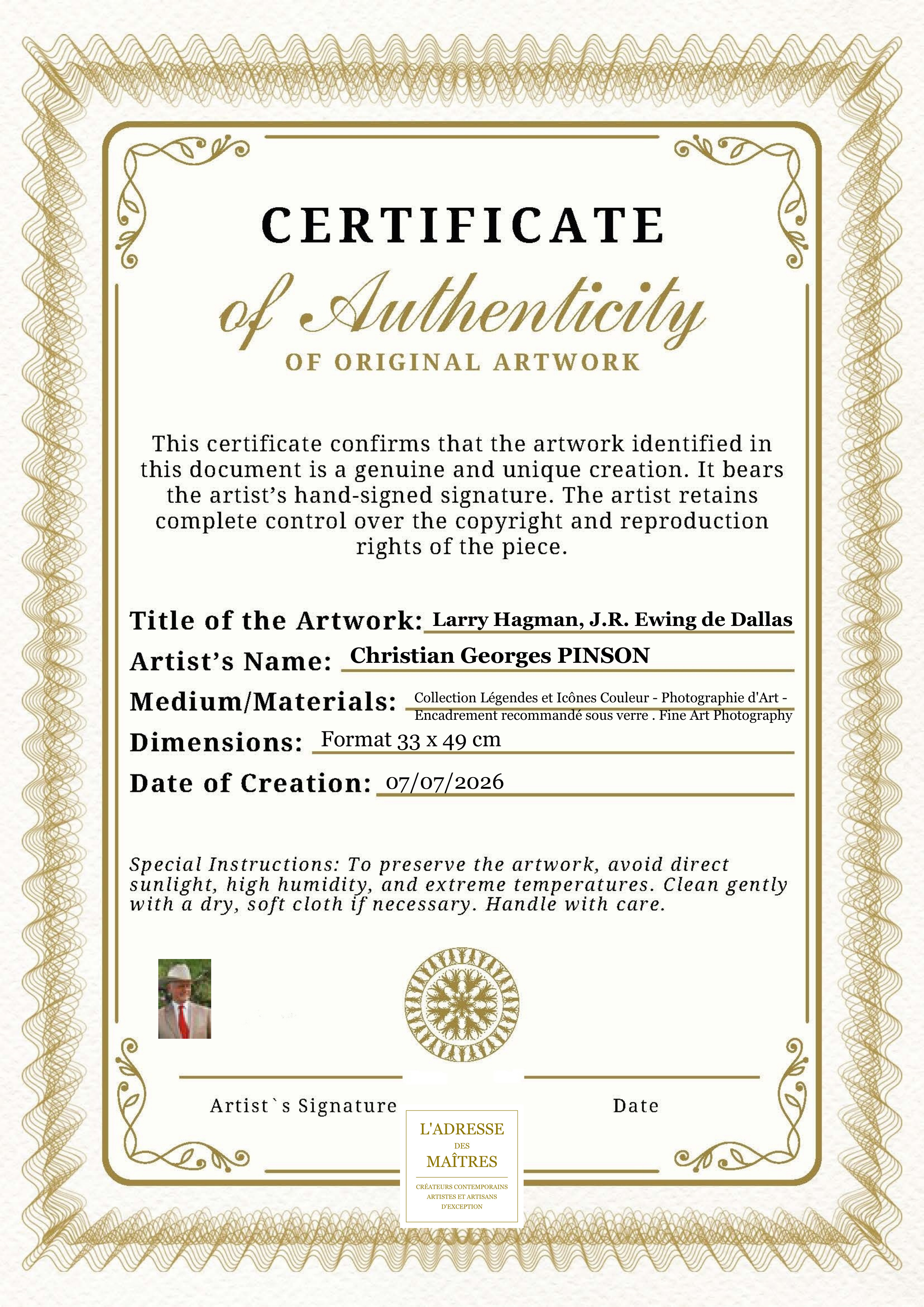 Certificat d'authenticité — Larry Hagman, J.R. Ewing de Dallas — Christian Georges PINSON