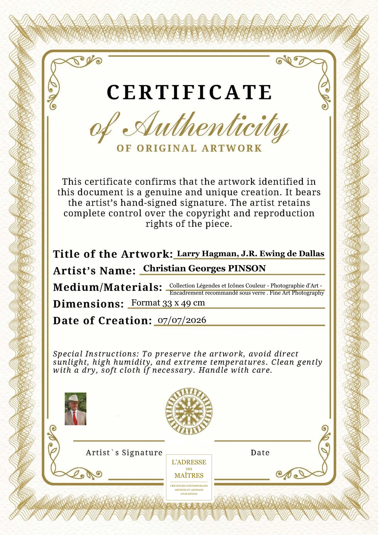 Certificat d'authenticité - Larry Hagman, J.R. Ewing de Dallas - Christian Georges PINSON