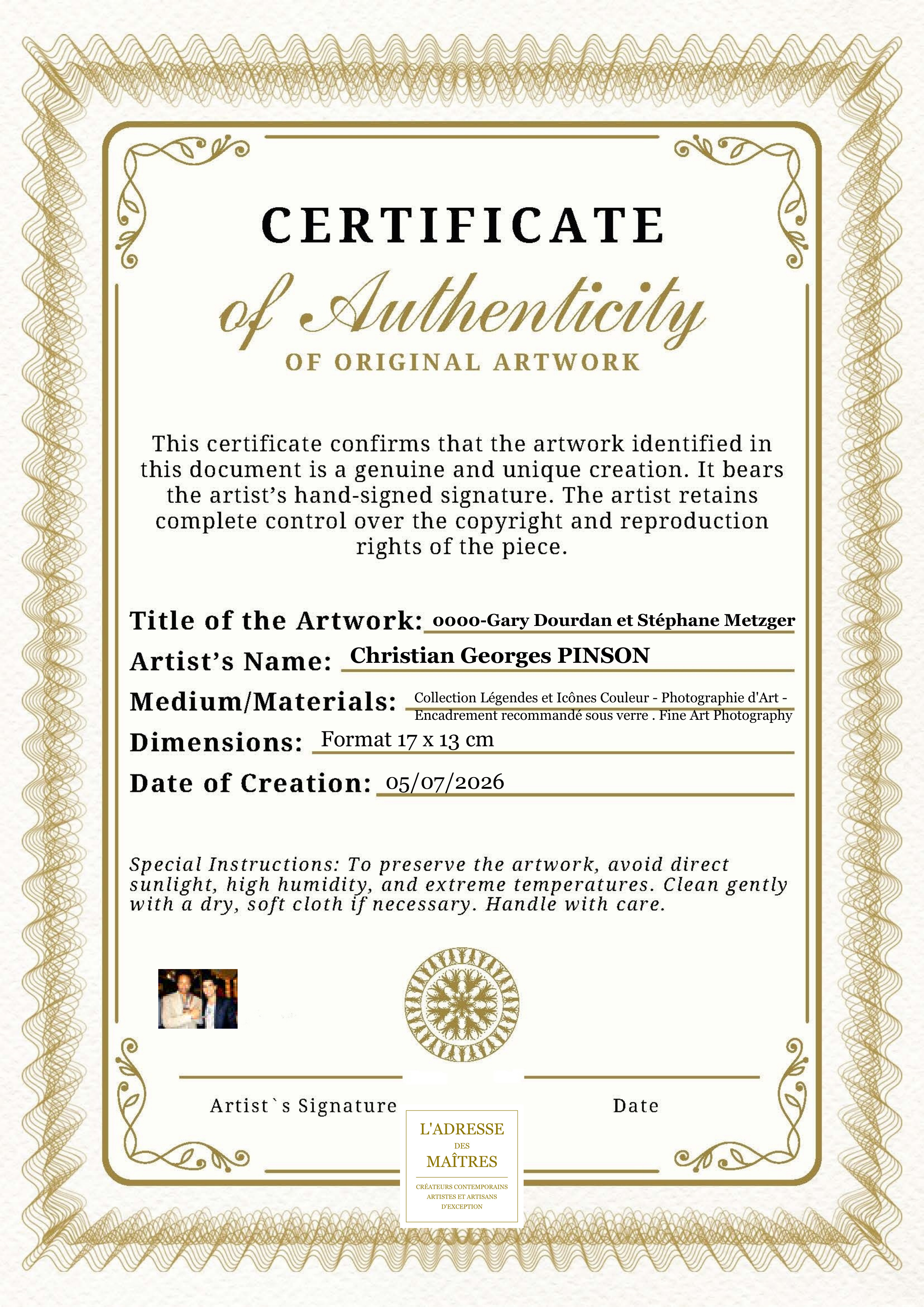 Certificat d'authenticité — 0000-Gary Dourdan et Stéphane Metzger — Christian Georges PINSON