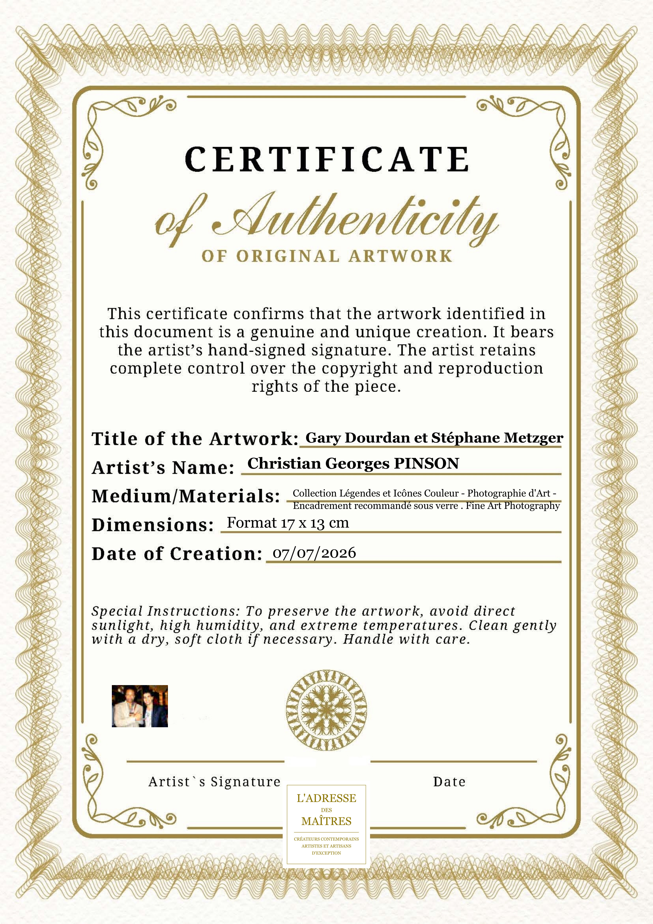 Certificat d'authenticité — Gary Dourdan et Stéphane Metzger — Christian Georges PINSON