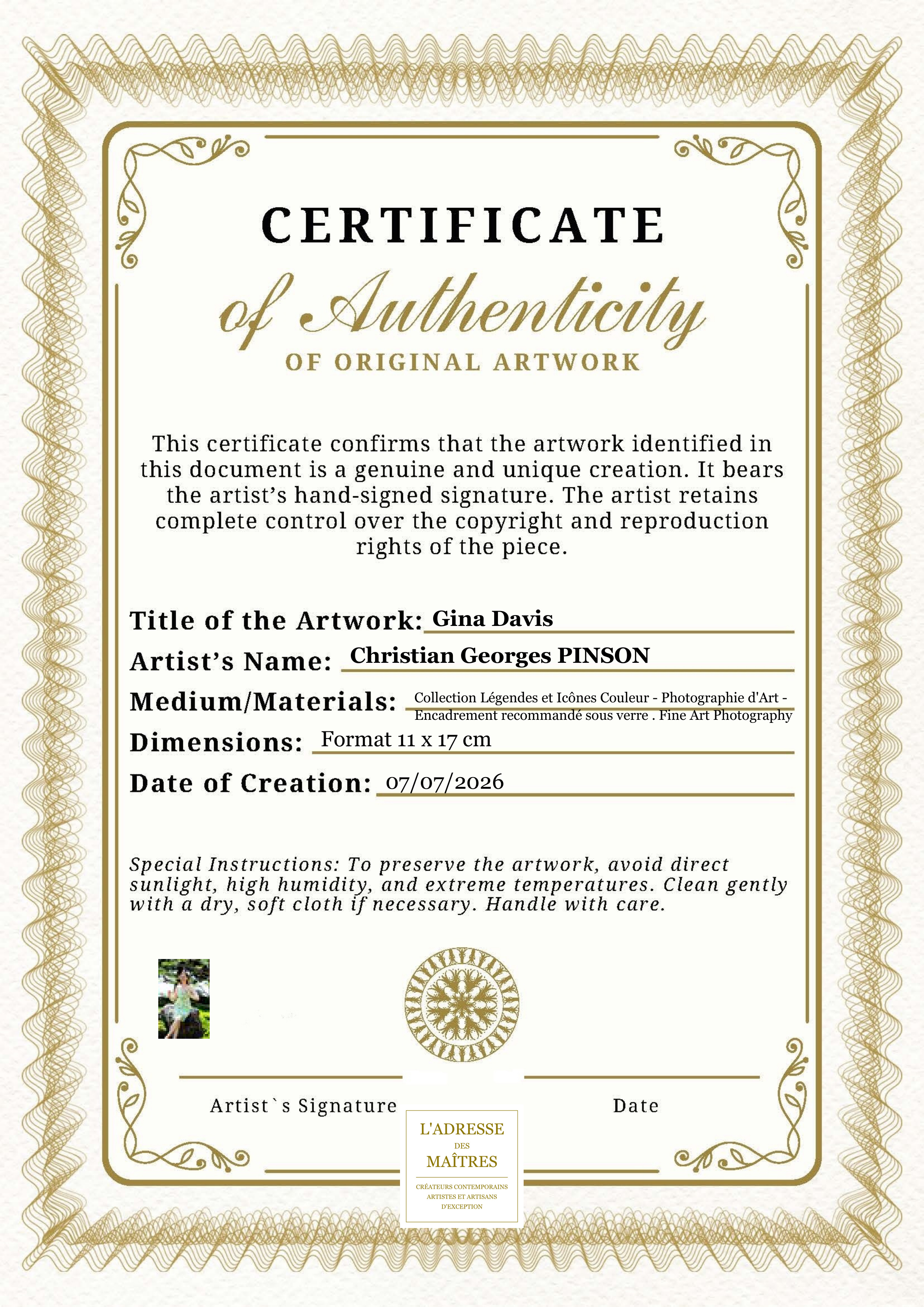 Certificat d'authenticité — Gina Davis — Christian Georges PINSON