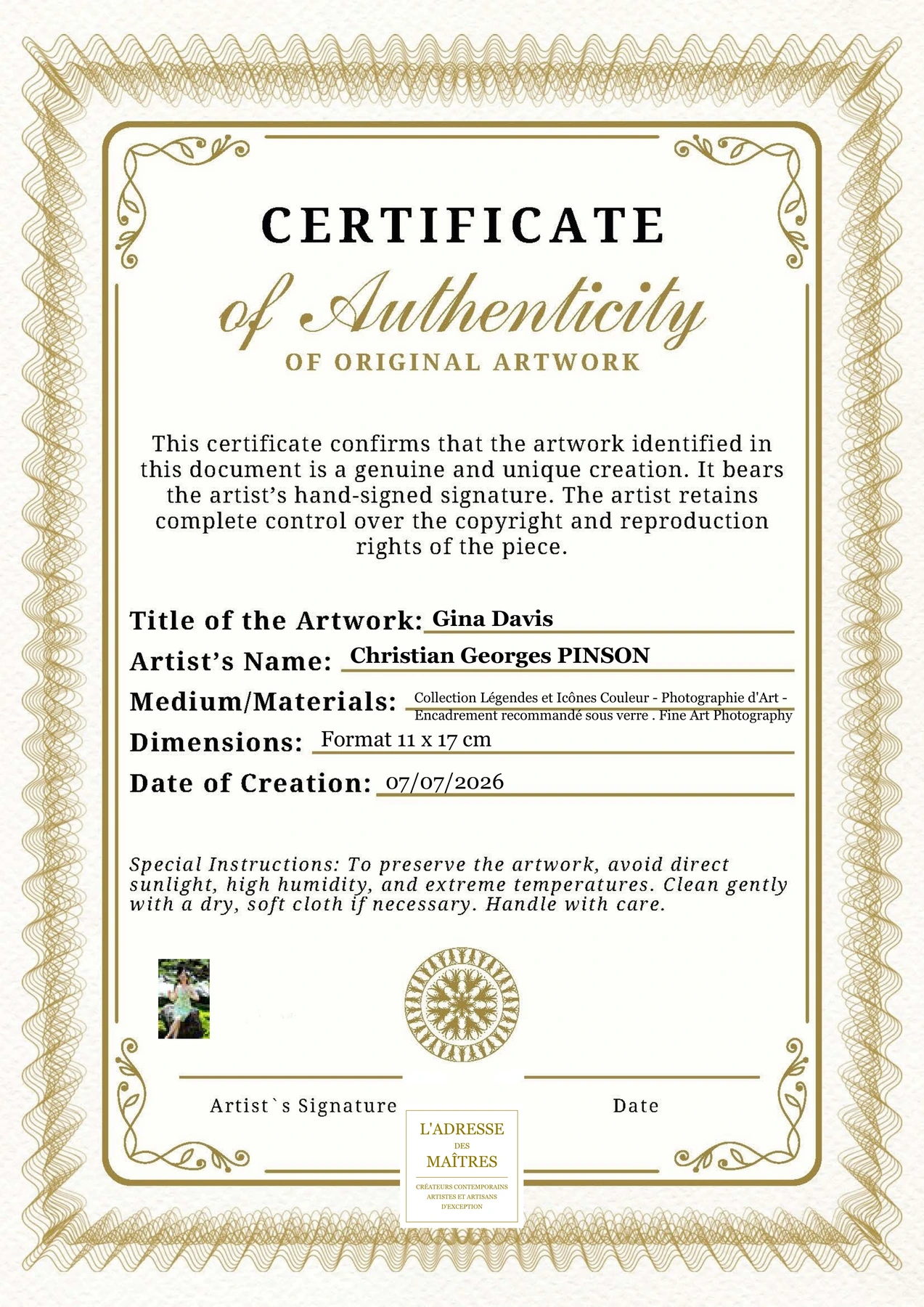 Certificat d'authenticité - Gina Davis - Christian Georges PINSON