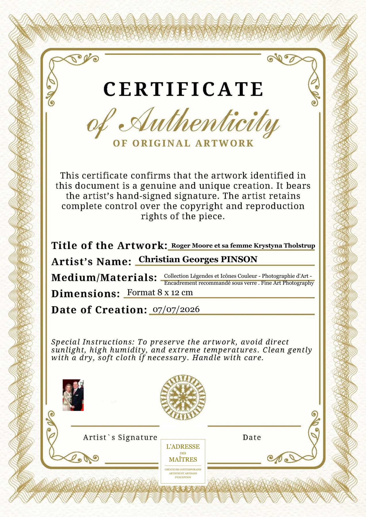 Certificat d'authenticité - Roger Moore et sa femme Krystyna Tholstrup - Christian Georges PINSON