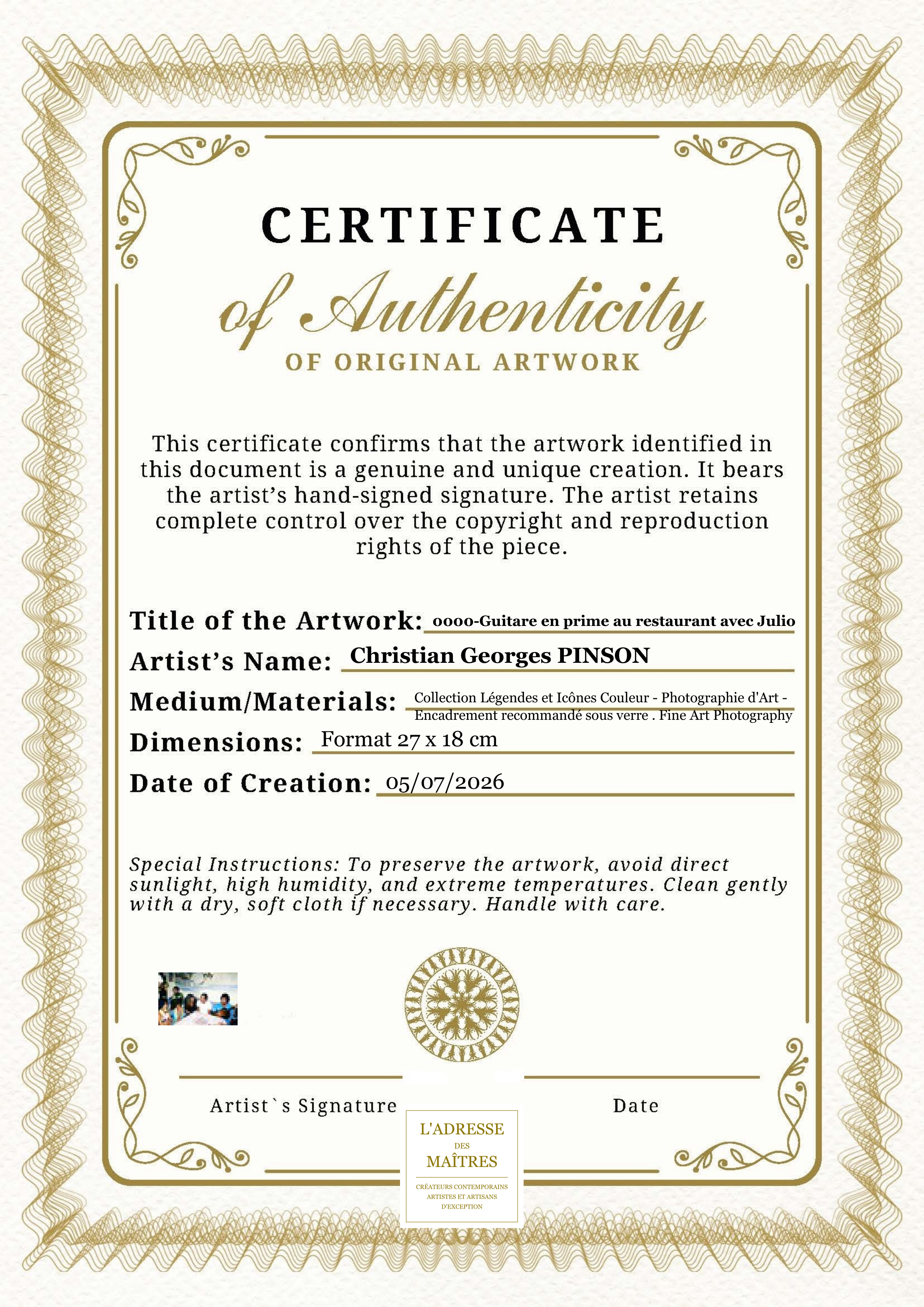 Certificat d'authenticité — 0000-Guitare en prime au restaurant avec Julio — Christian Georges PINSON