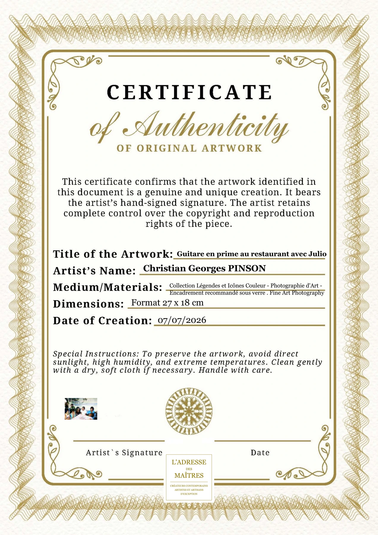 Certificat d'authenticité - Guitare en prime au restaurant avec Julio - Christian Georges PINSON