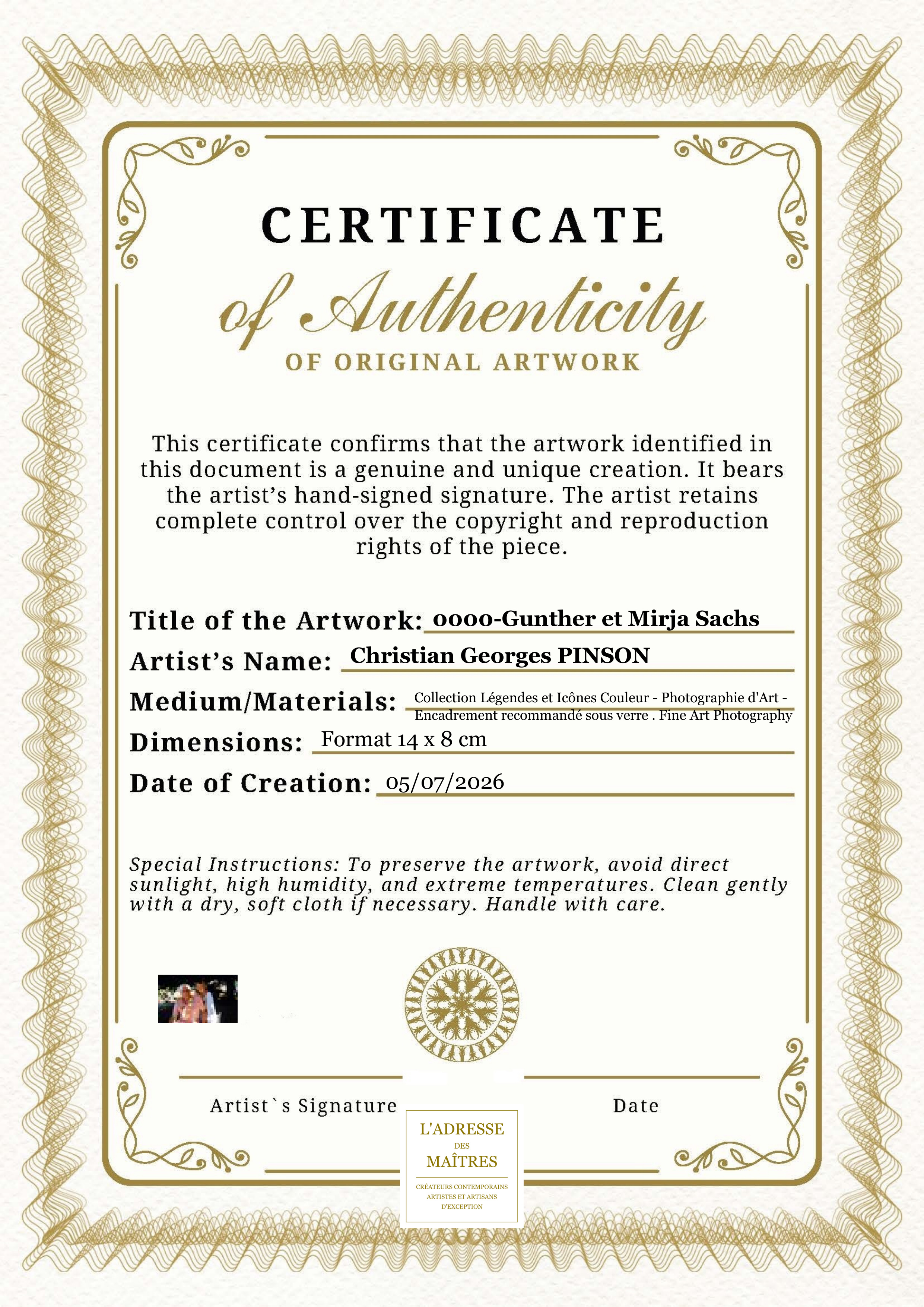 Certificat d'authenticité — 0000-Gunther et Mirja Sachs — Christian Georges PINSON