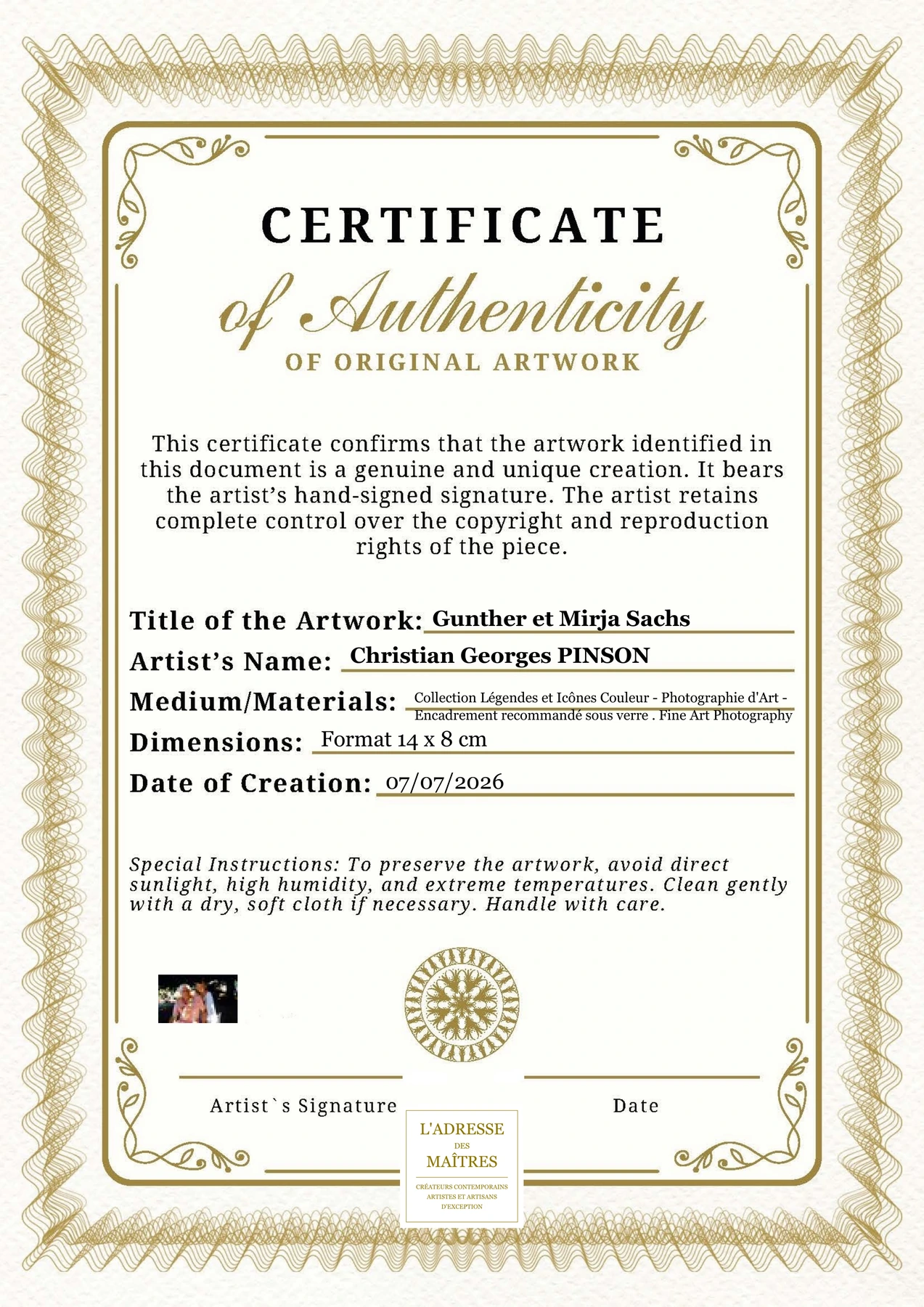 Certificat d'authenticité - Gunther et Mirja Sachs - Christian Georges PINSON