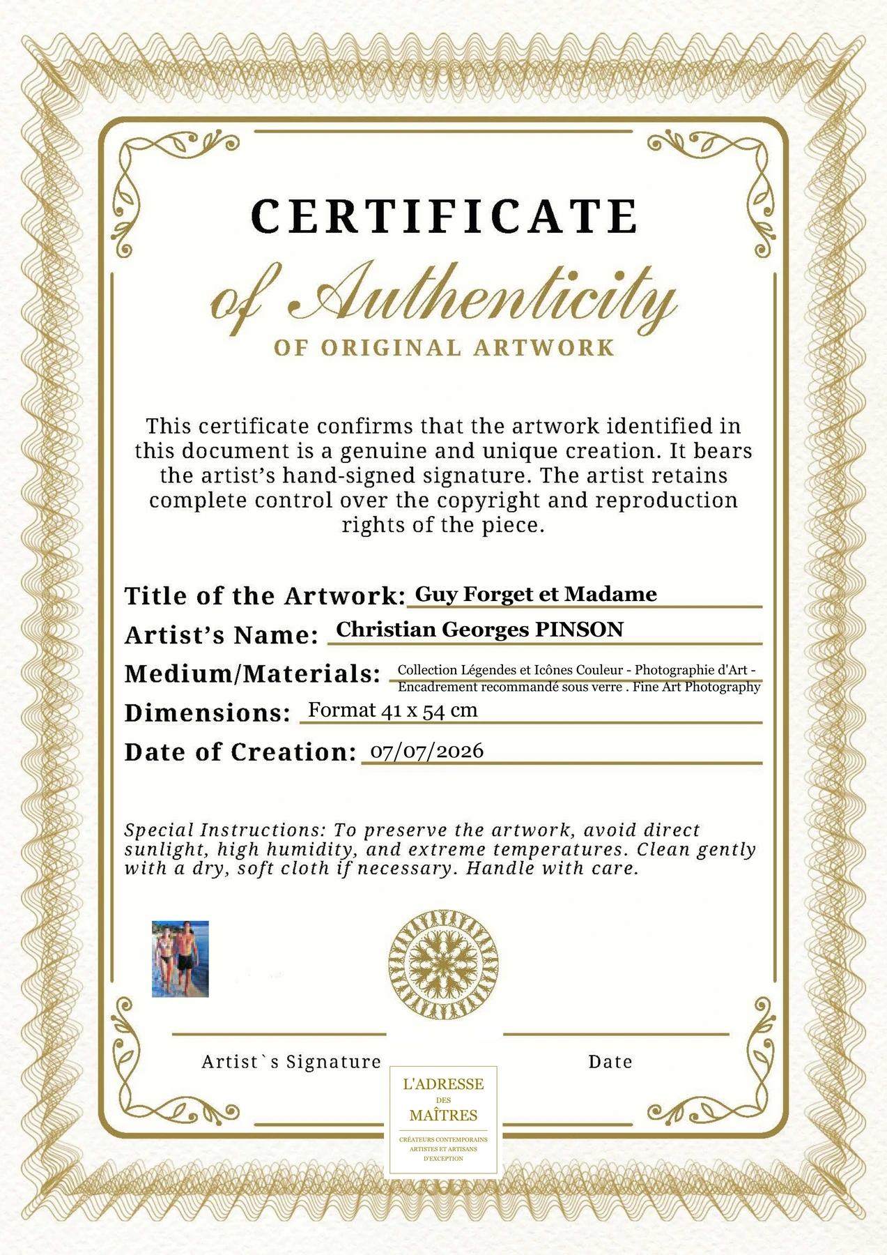 Certificat d'authenticité - Guy Forget et Madame - Christian Georges PINSON
