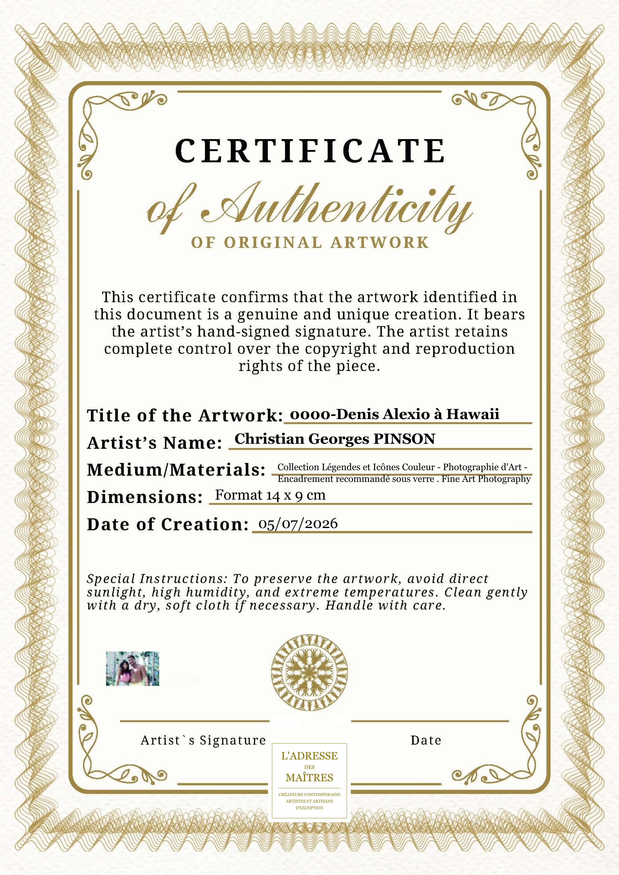 Certificat d'authenticité — 0000-Denis Alexio à Hawaii — Christian Georges PINSON