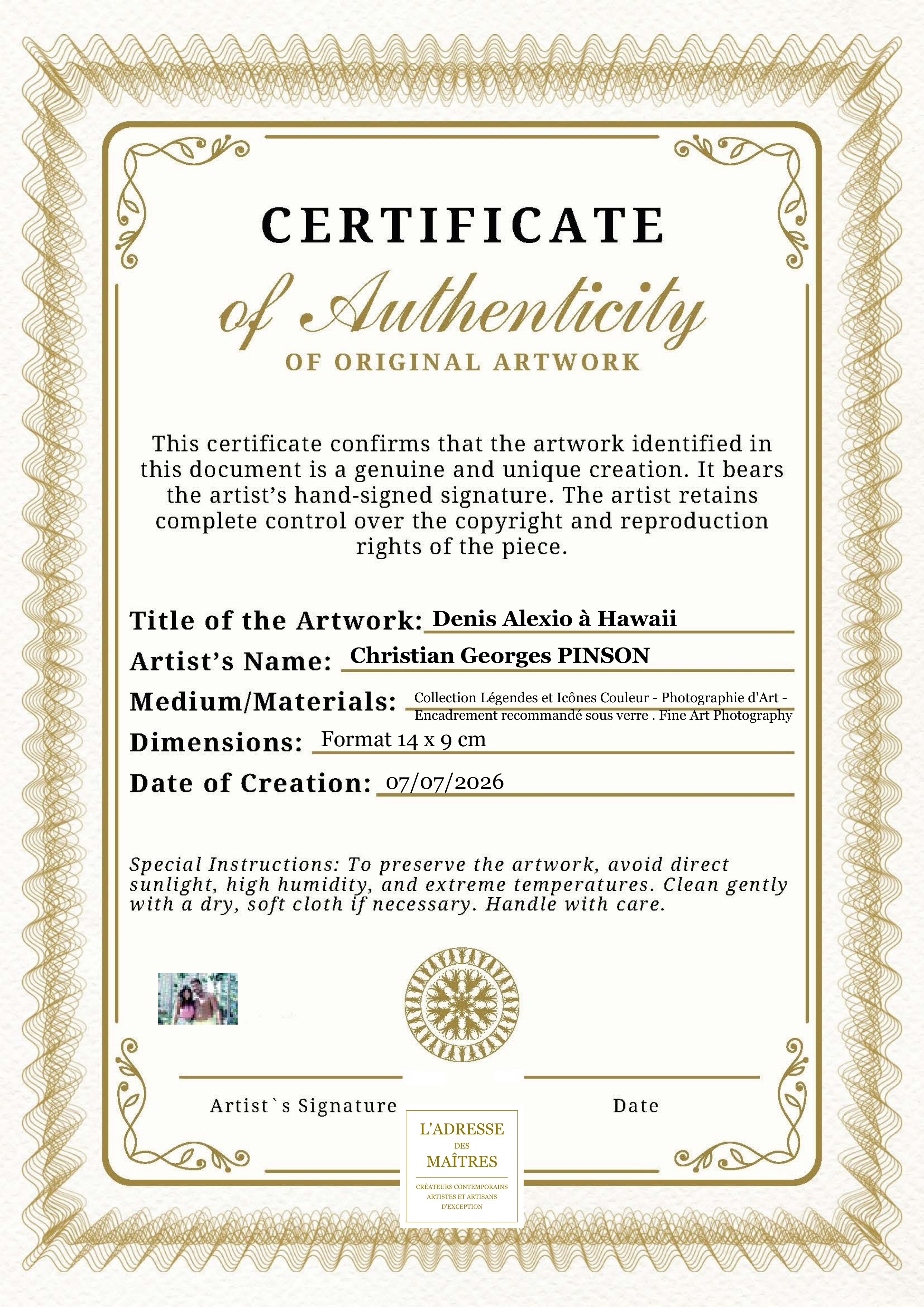 Certificat d'authenticité — Denis Alexio à Hawaii — Christian Georges PINSON