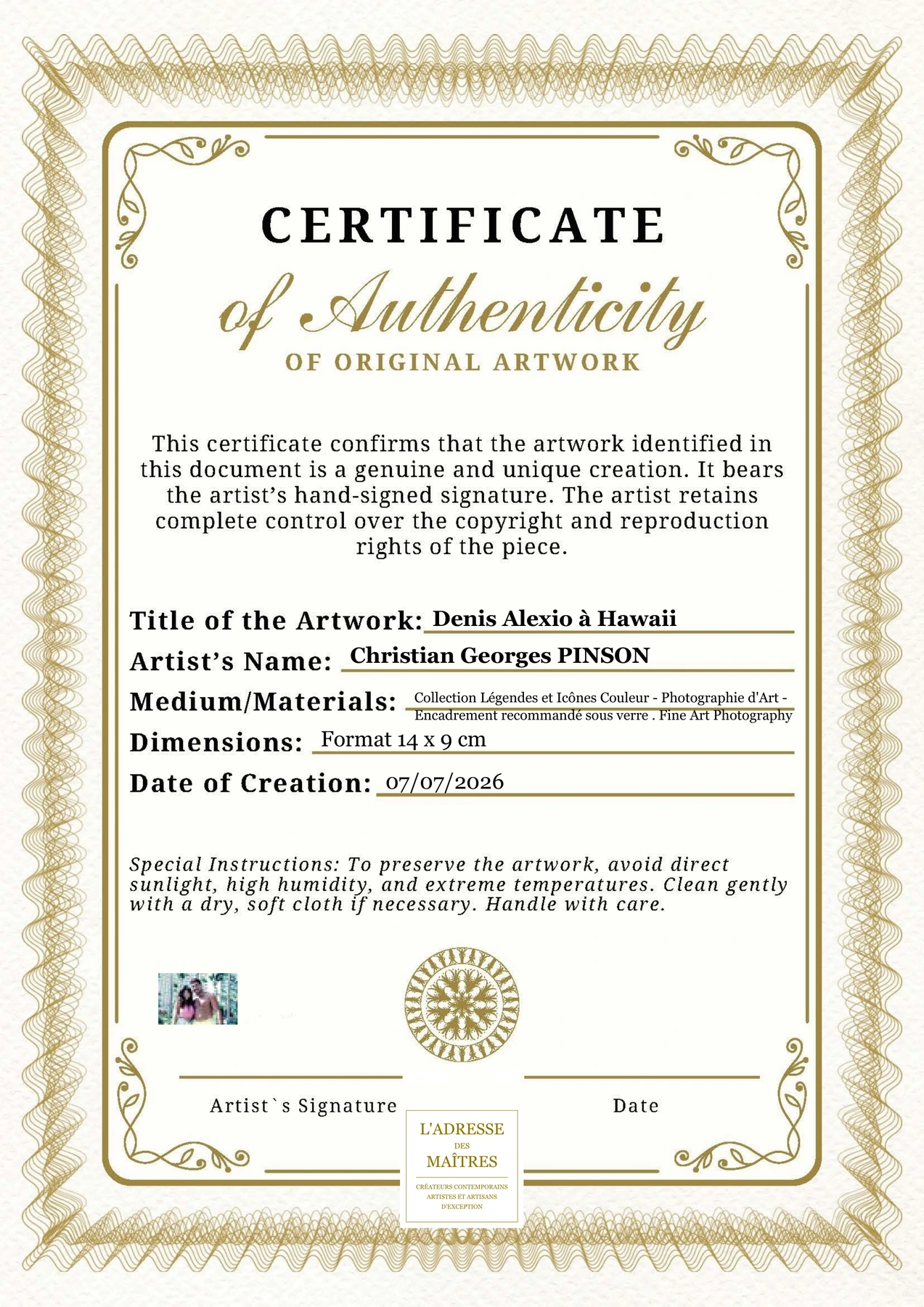 Certificat d'authenticité - Denis Alexio à Hawaii - Christian Georges PINSON