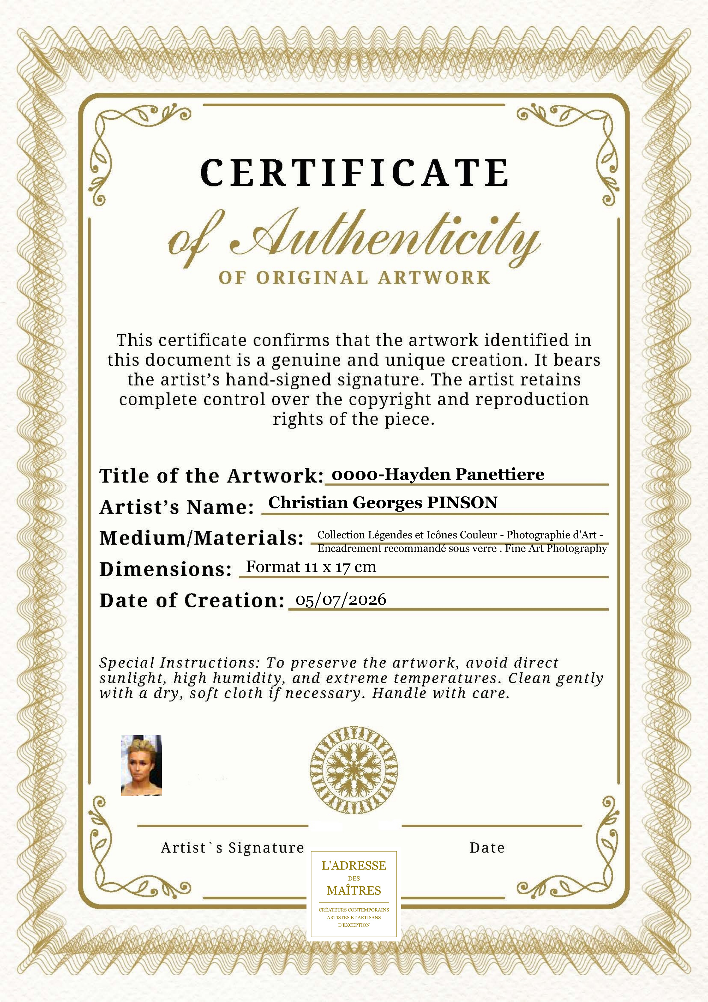 Certificat d'authenticité — 0000-Hayden Panettiere — Christian Georges PINSON