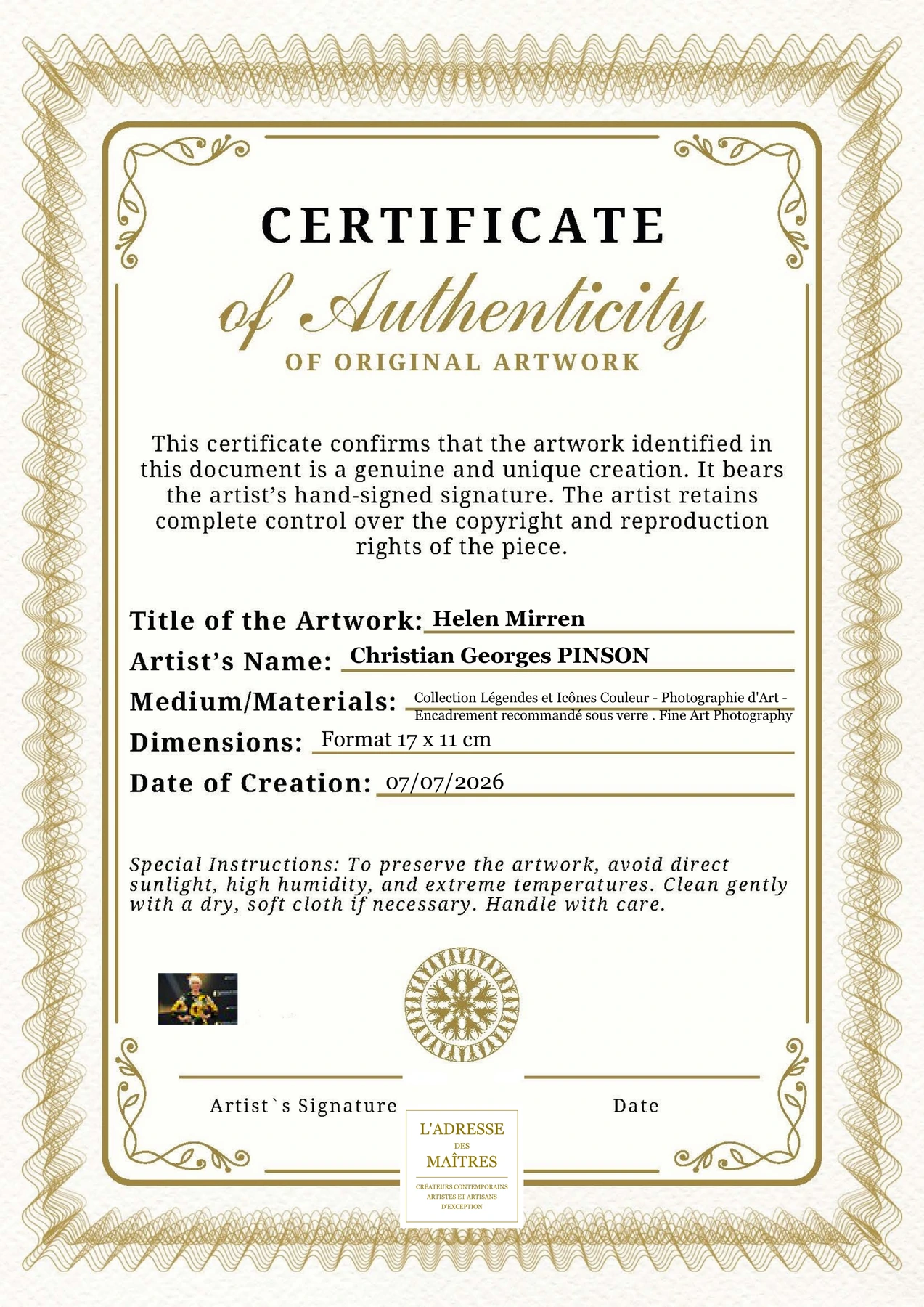 Certificat d'authenticité - Helen Mirren - Christian Georges PINSON