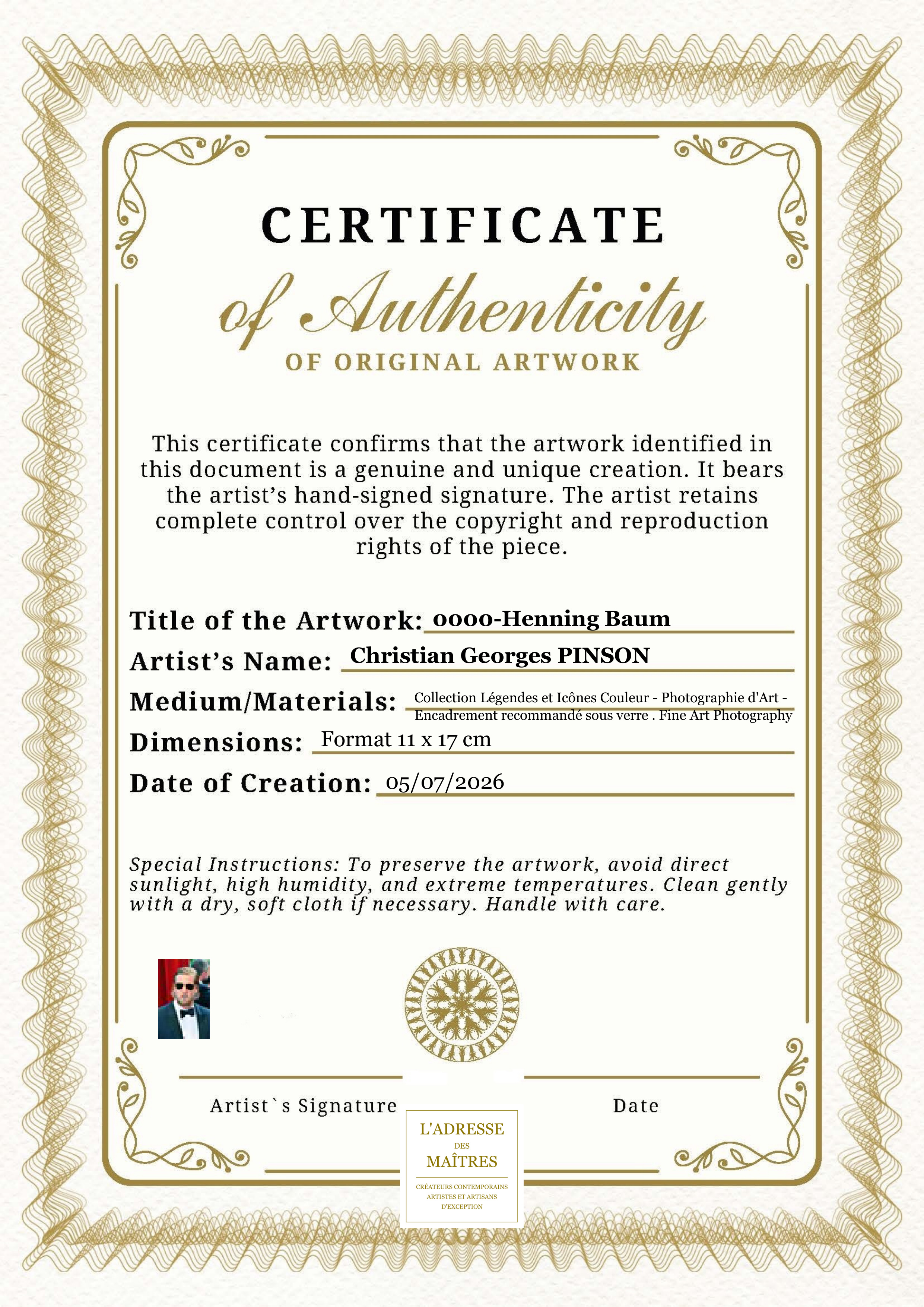 Certificat d'authenticité — 0000-Henning Baum — Christian Georges PINSON