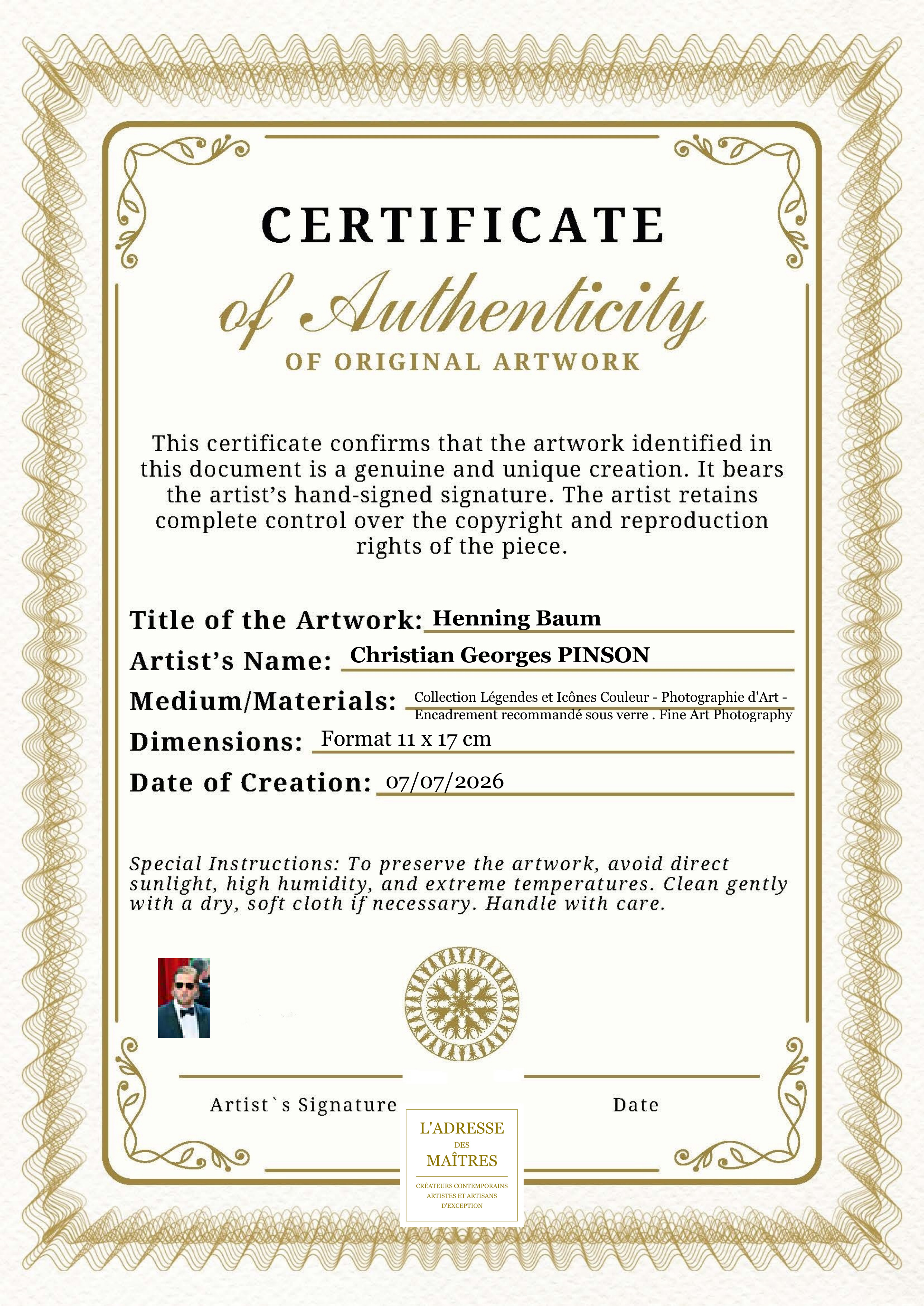 Certificat d'authenticité — Henning Baum — Christian Georges PINSON
