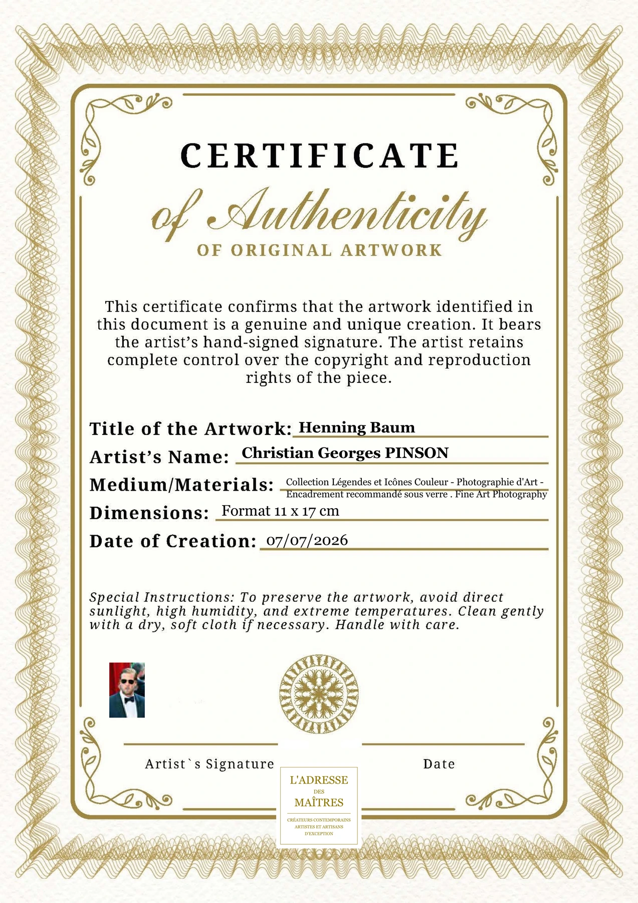 Certificat d'authenticité - Henning Baum - Christian Georges PINSON