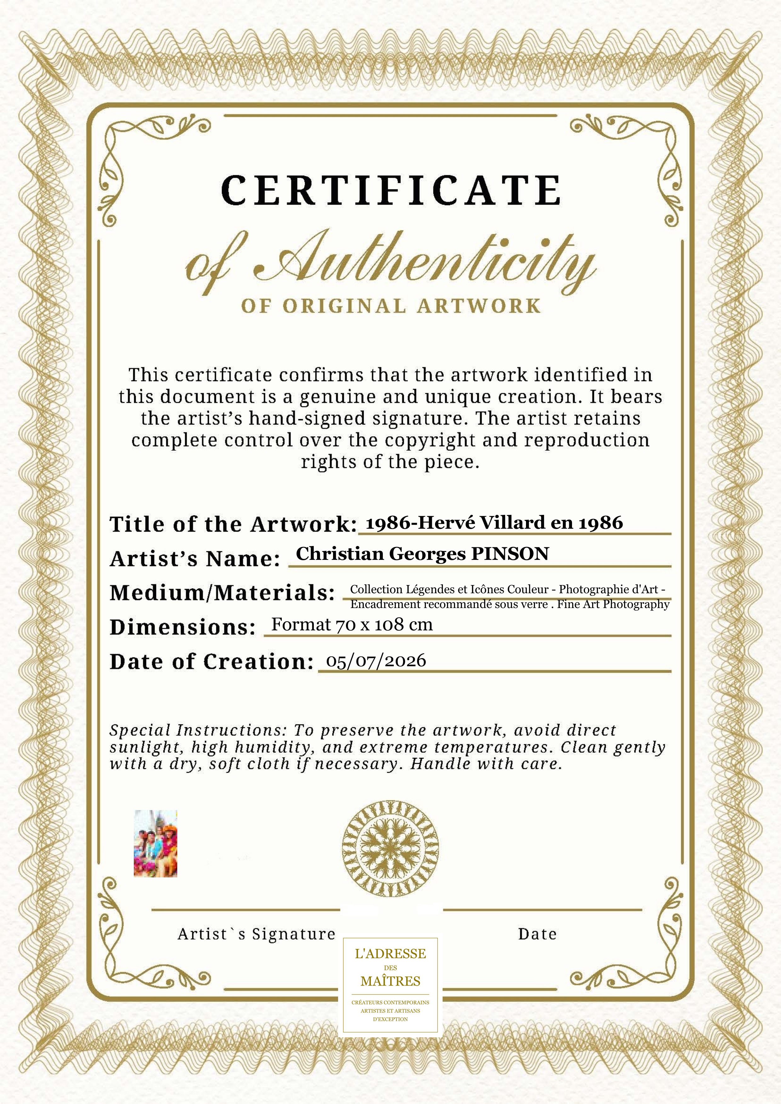 Certificat d'authenticité — 1986-Hervé Villard en 1986 — Christian Georges PINSON