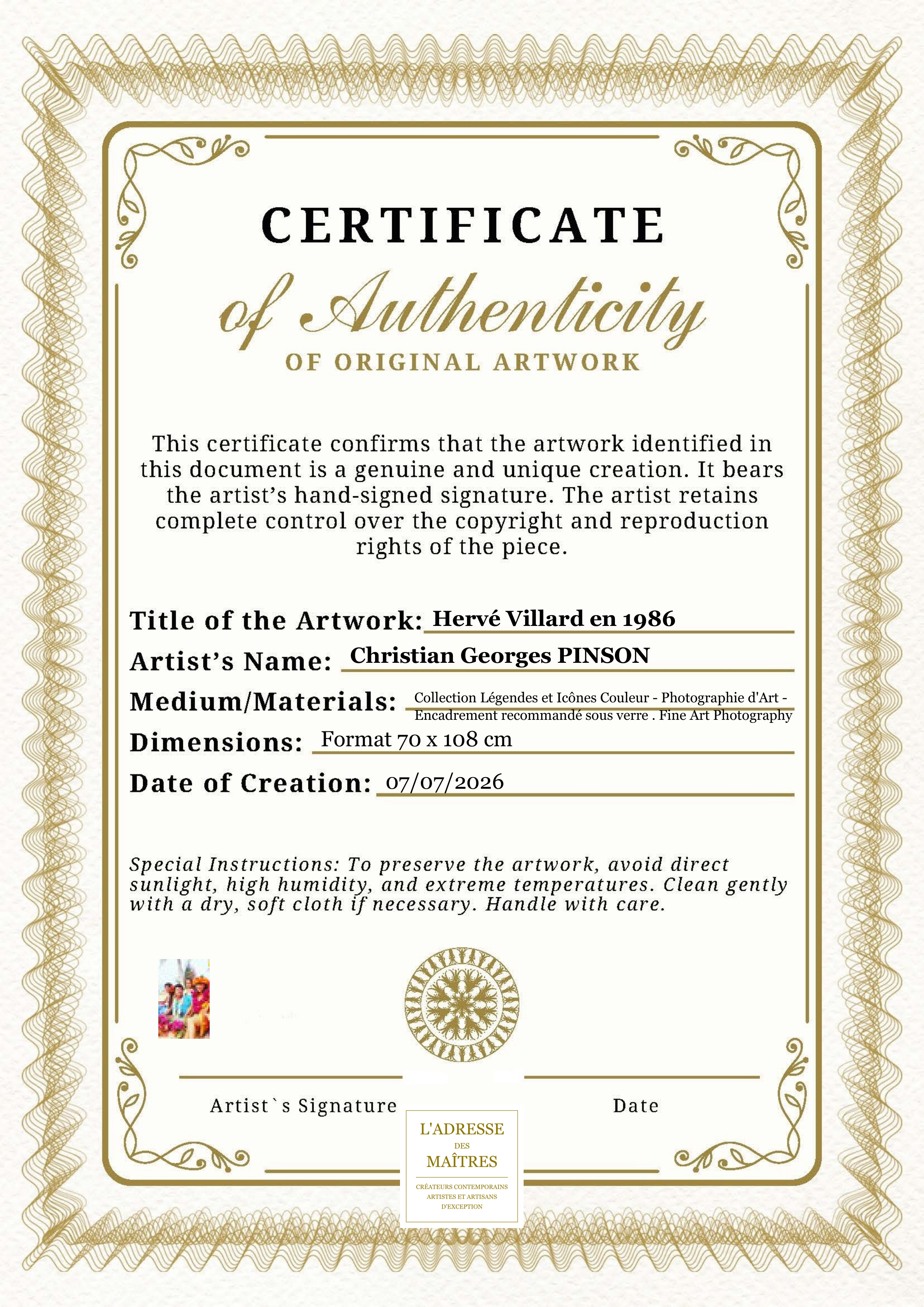 Certificat d'authenticité — Hervé Villard en 1986 — Christian Georges PINSON