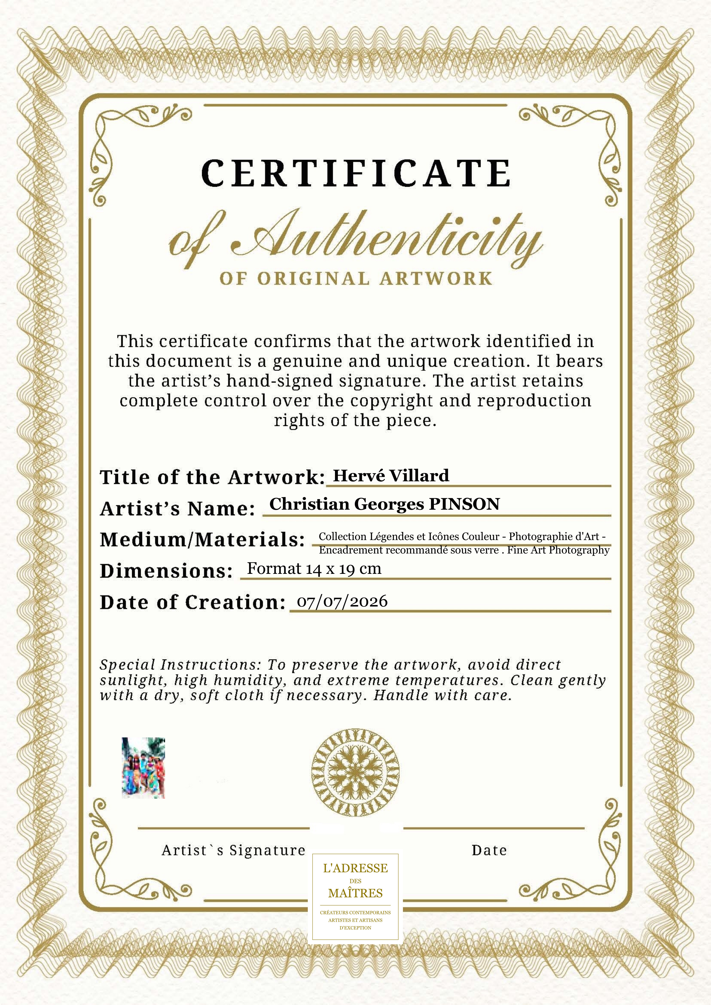 Certificat d'authenticité — Hervé Villard — Christian Georges PINSON