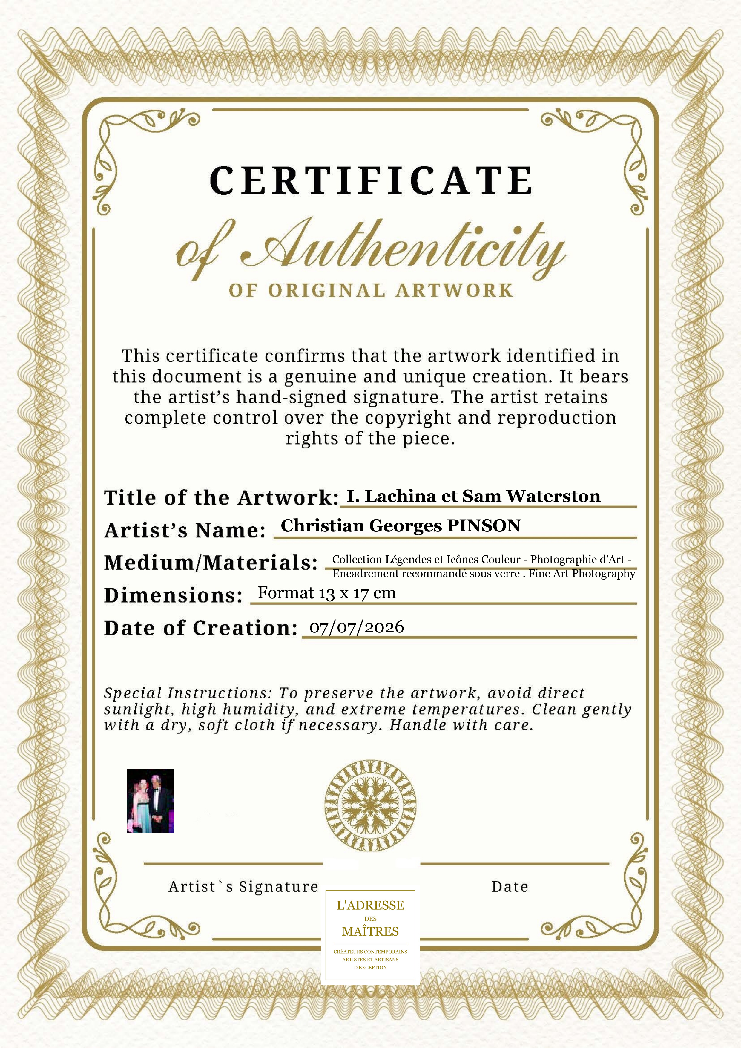 Certificat d'authenticité — I. Lachina et Sam Waterston — Christian Georges PINSON