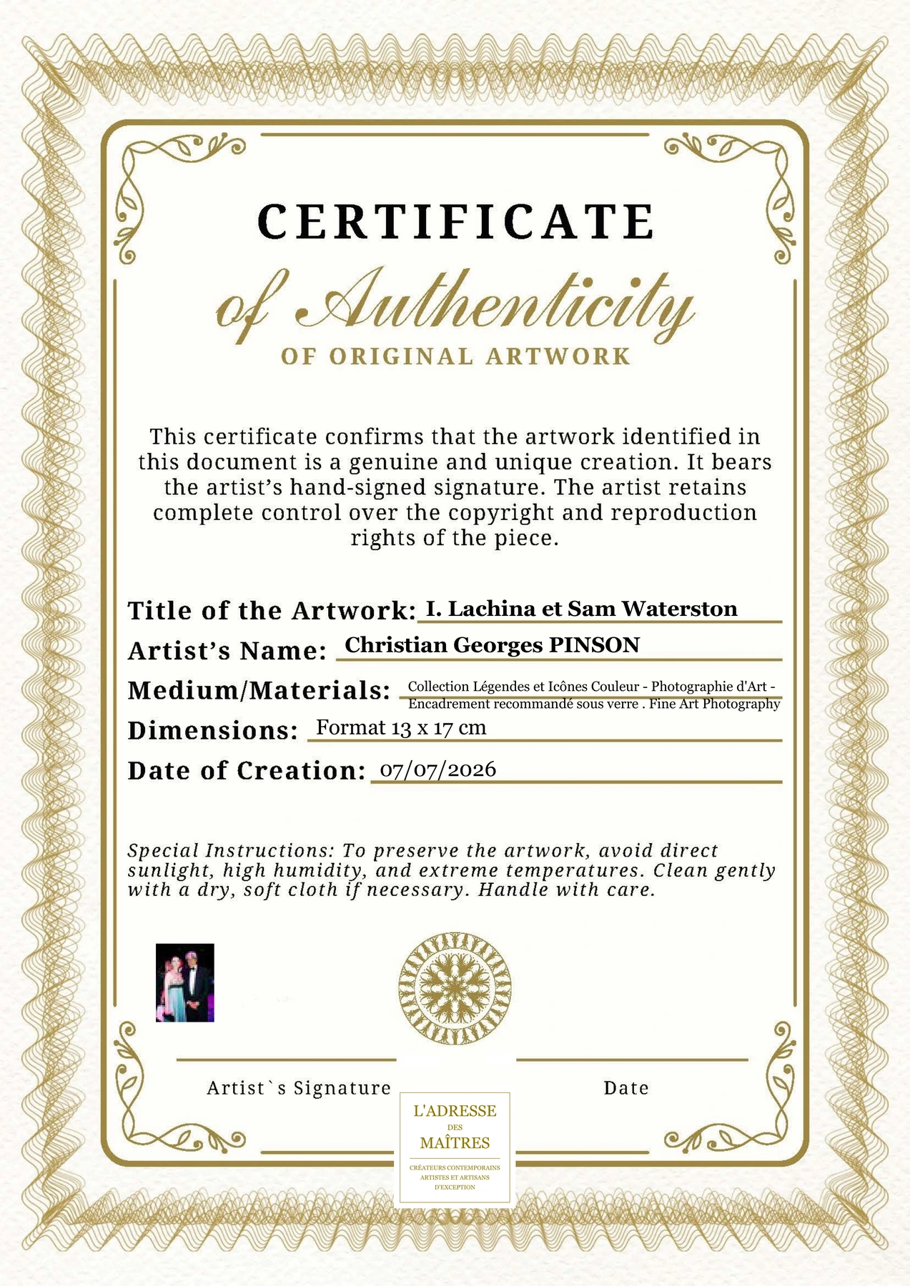 Certificat d'authenticité - I. Lachina et Sam Waterston - Christian Georges PINSON