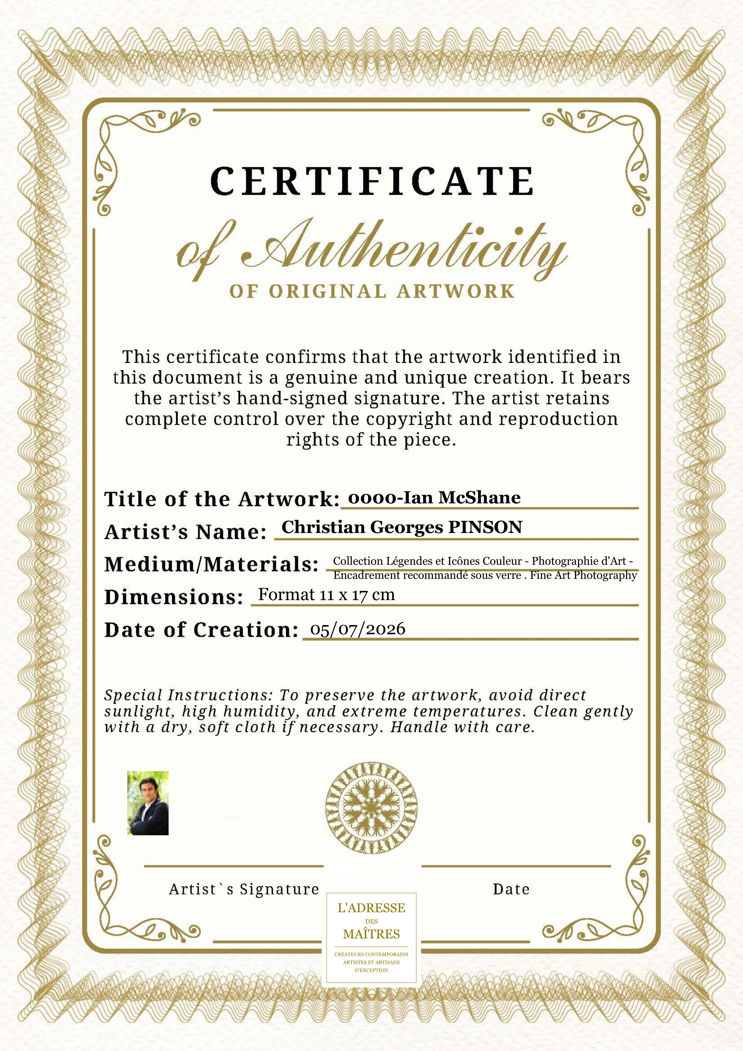 Certificat d'authenticité — 0000-Ian McShane — Christian Georges PINSON