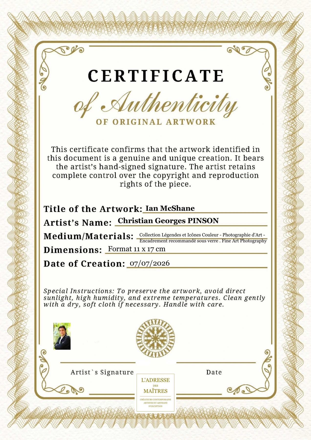 Certificat d'authenticité - Ian McShane - Christian Georges PINSON