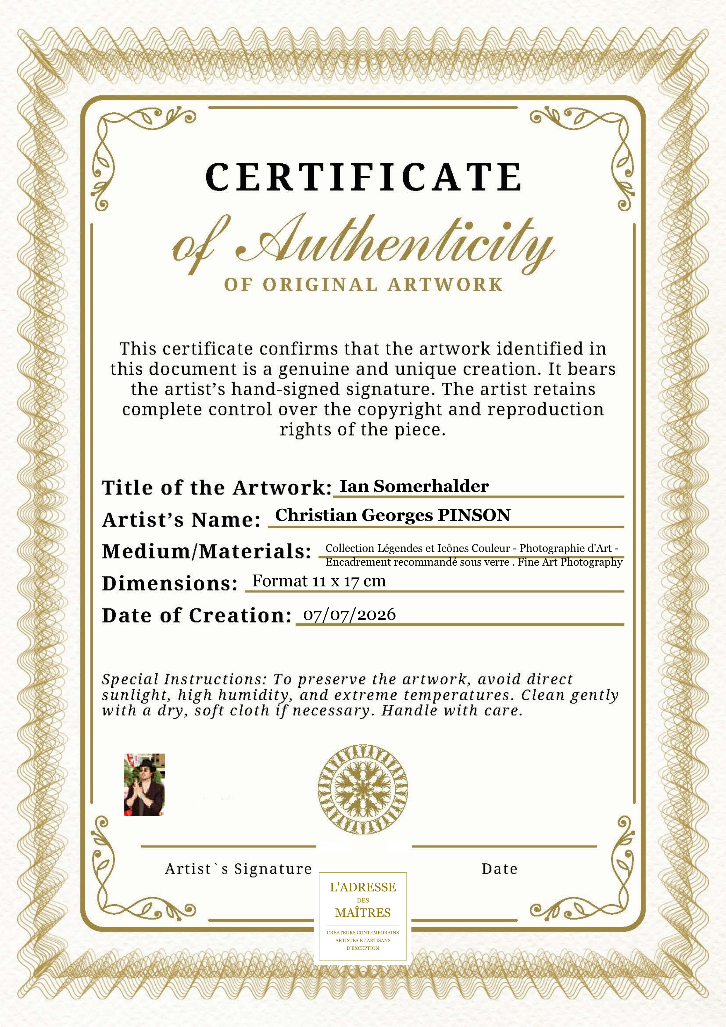 Certificat d'authenticité — Ian Somerhalder — Christian Georges PINSON