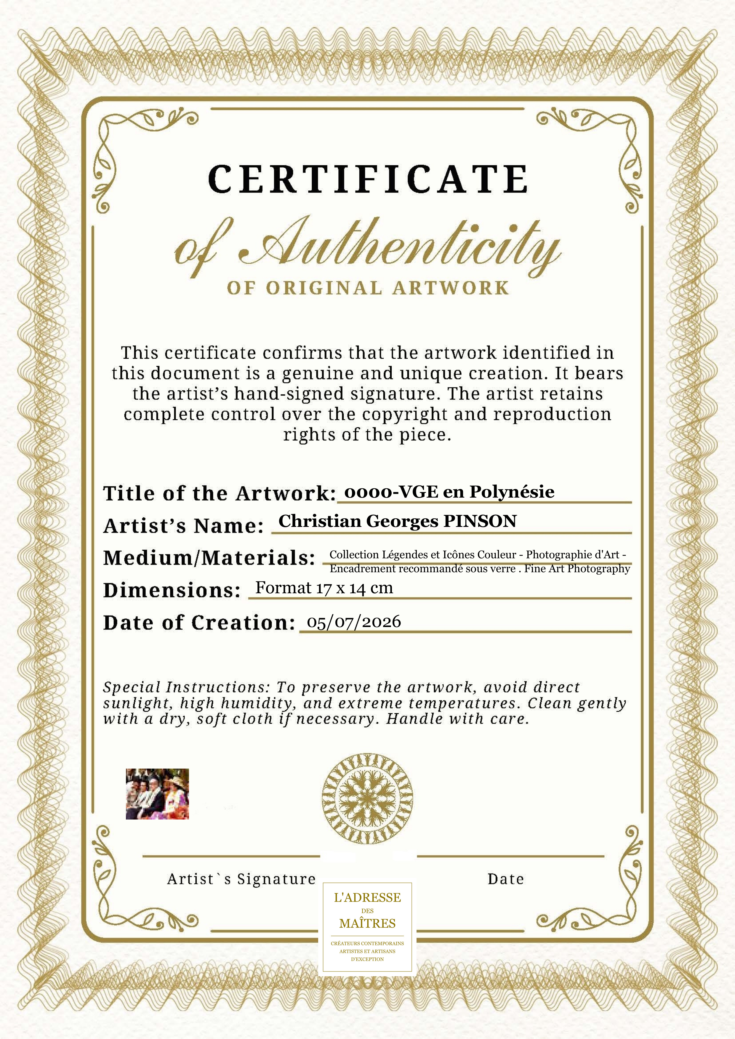 Certificat d'authenticité — 0000-VGE en Polynésie — Christian Georges PINSON