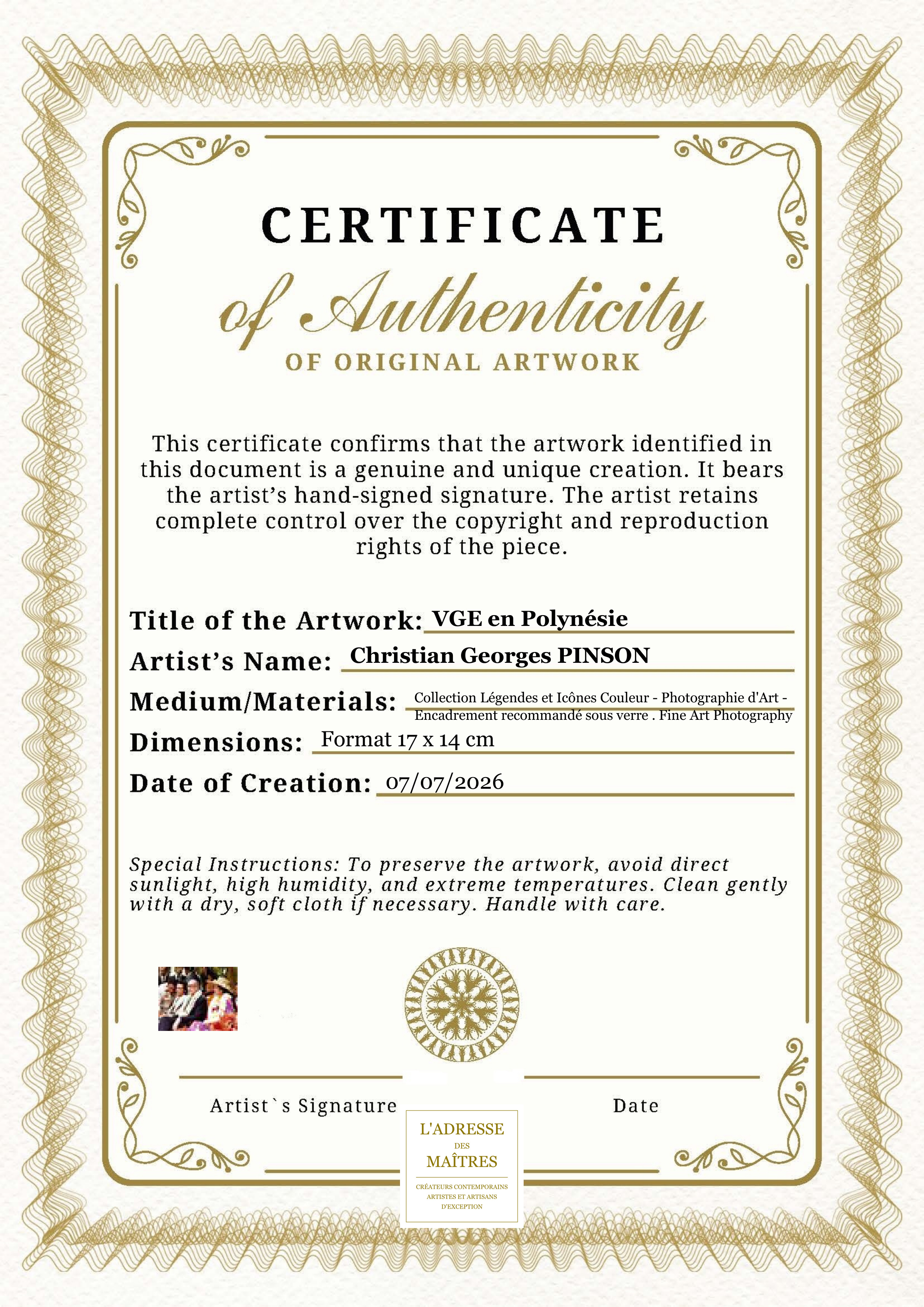 Certificat d'authenticité — VGE en Polynésie — Christian Georges PINSON