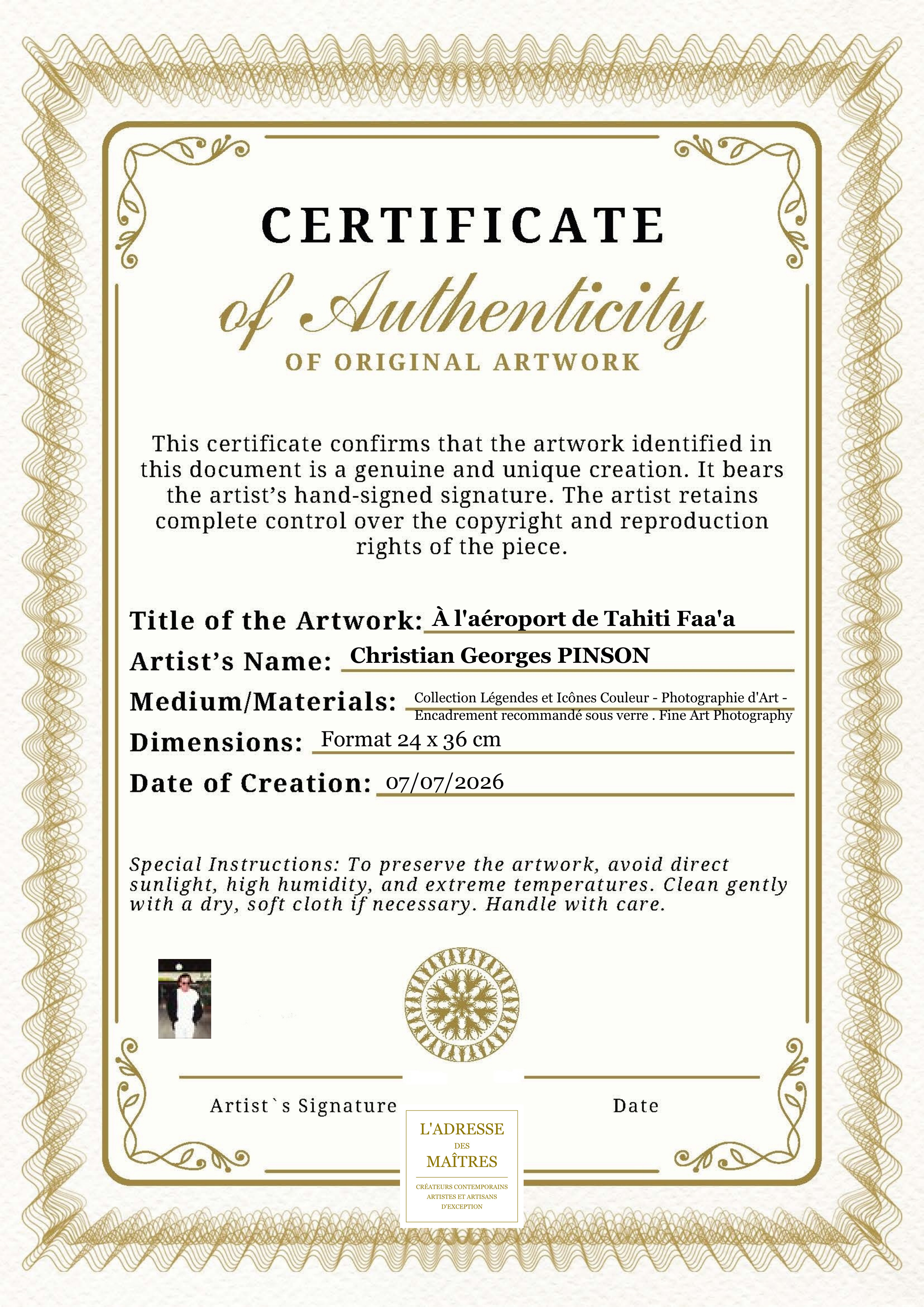 Certificat d'authenticité — À l'aéroport de Tahiti Faa'a — Christian Georges PINSON
