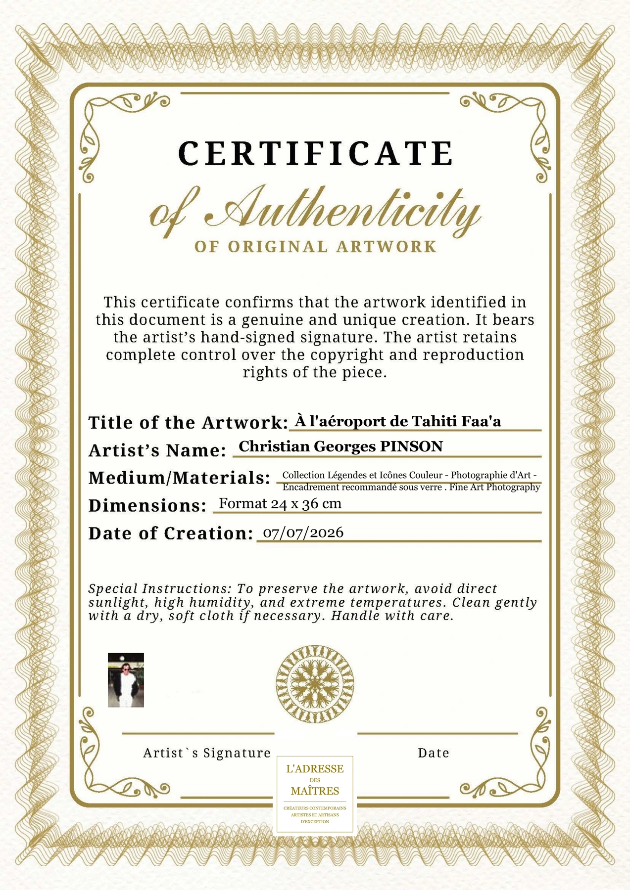 Certificat d'authenticité - À l'aéroport de Tahiti Faa'a - Christian Georges PINSON
