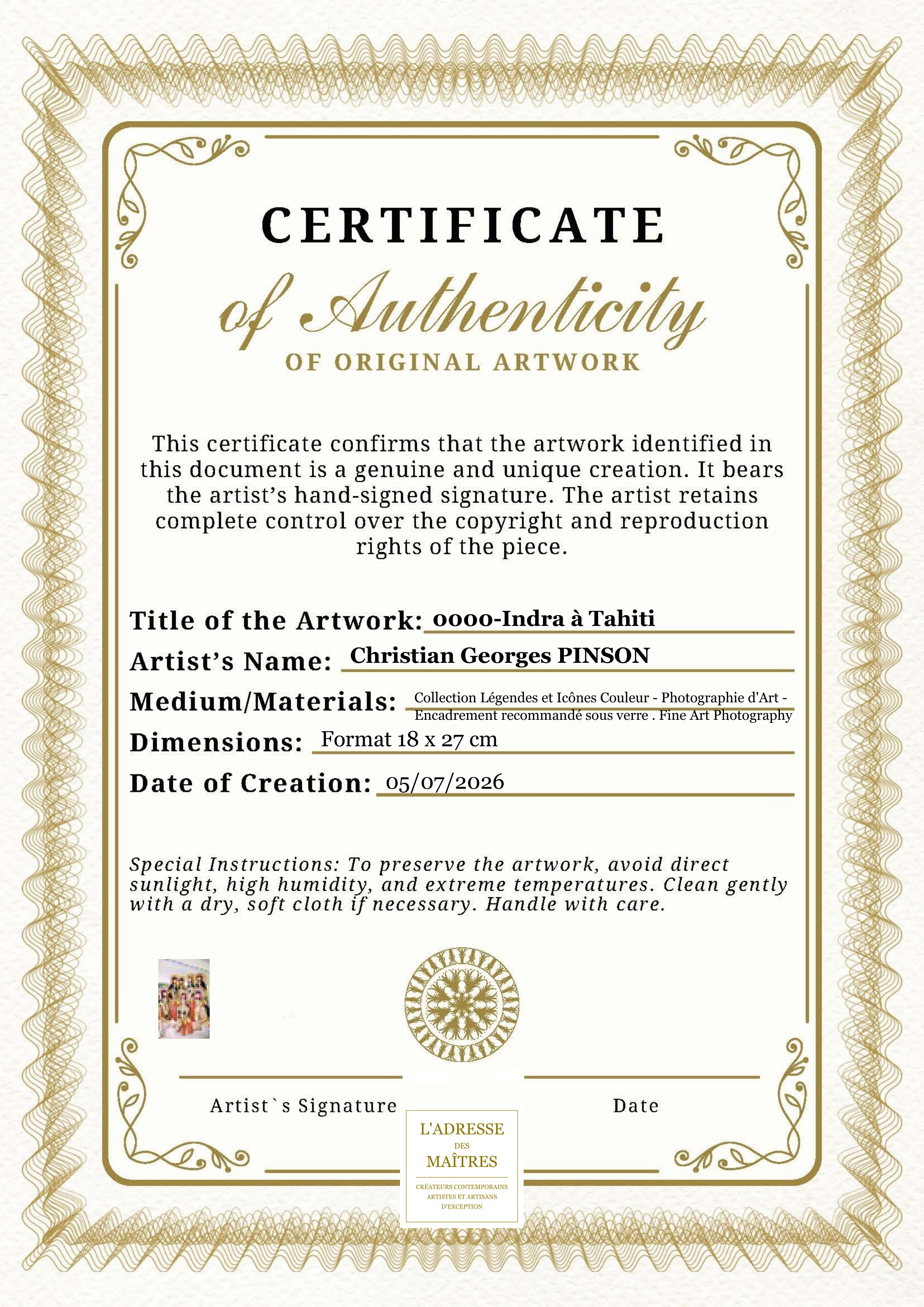 Certificat d'authenticité — 0000-Indra à Tahiti — Christian Georges PINSON