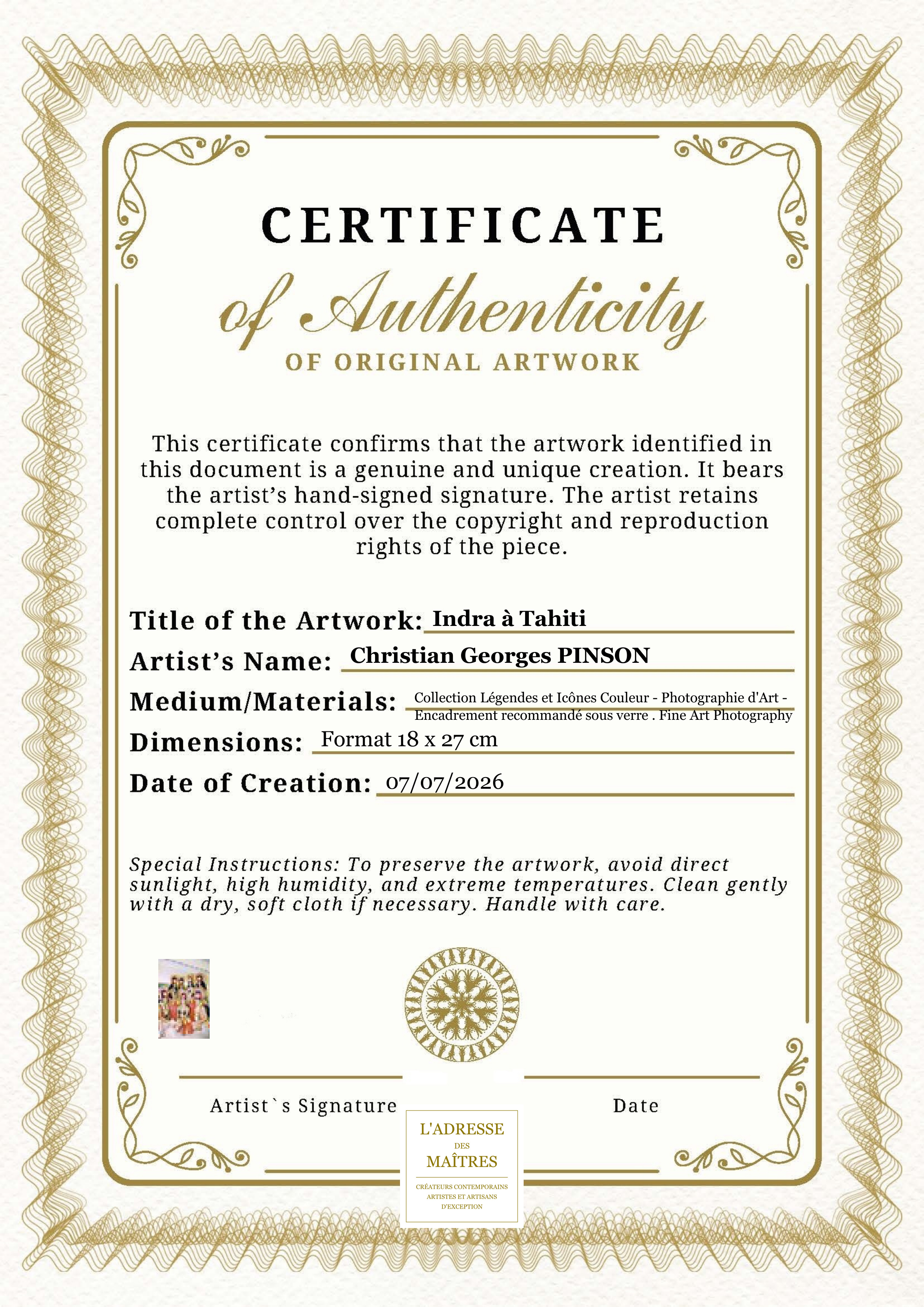 Certificat d'authenticité — Indra à Tahiti — Christian Georges PINSON