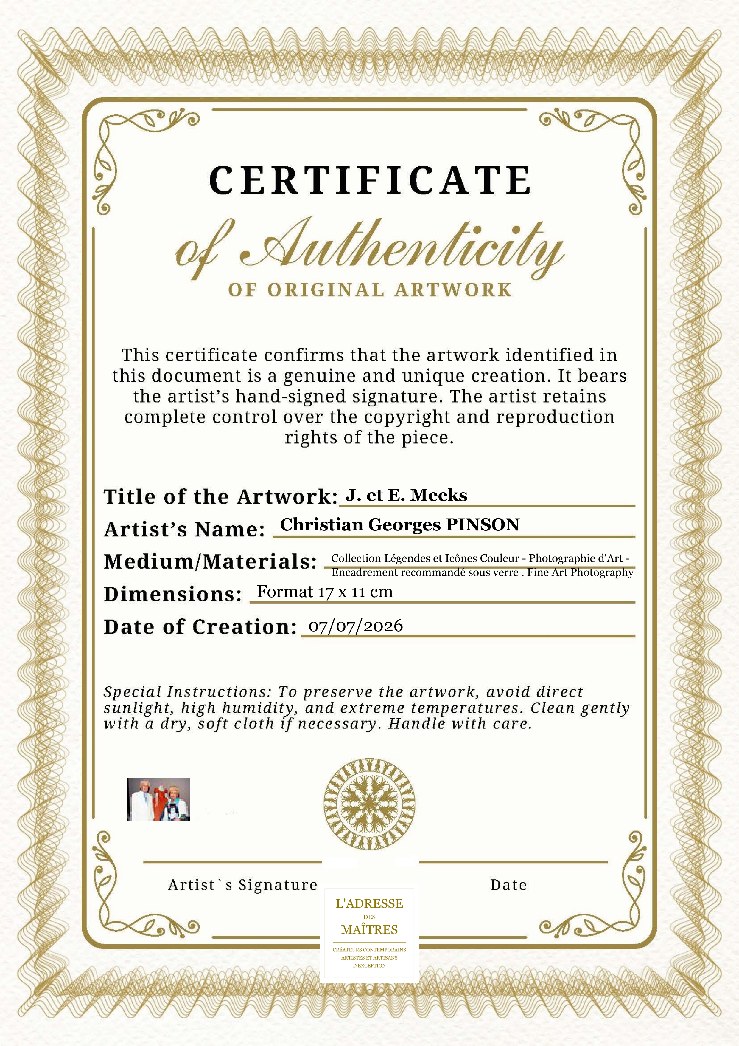 Certificat d'authenticité — J. et E. Meeks — Christian Georges PINSON