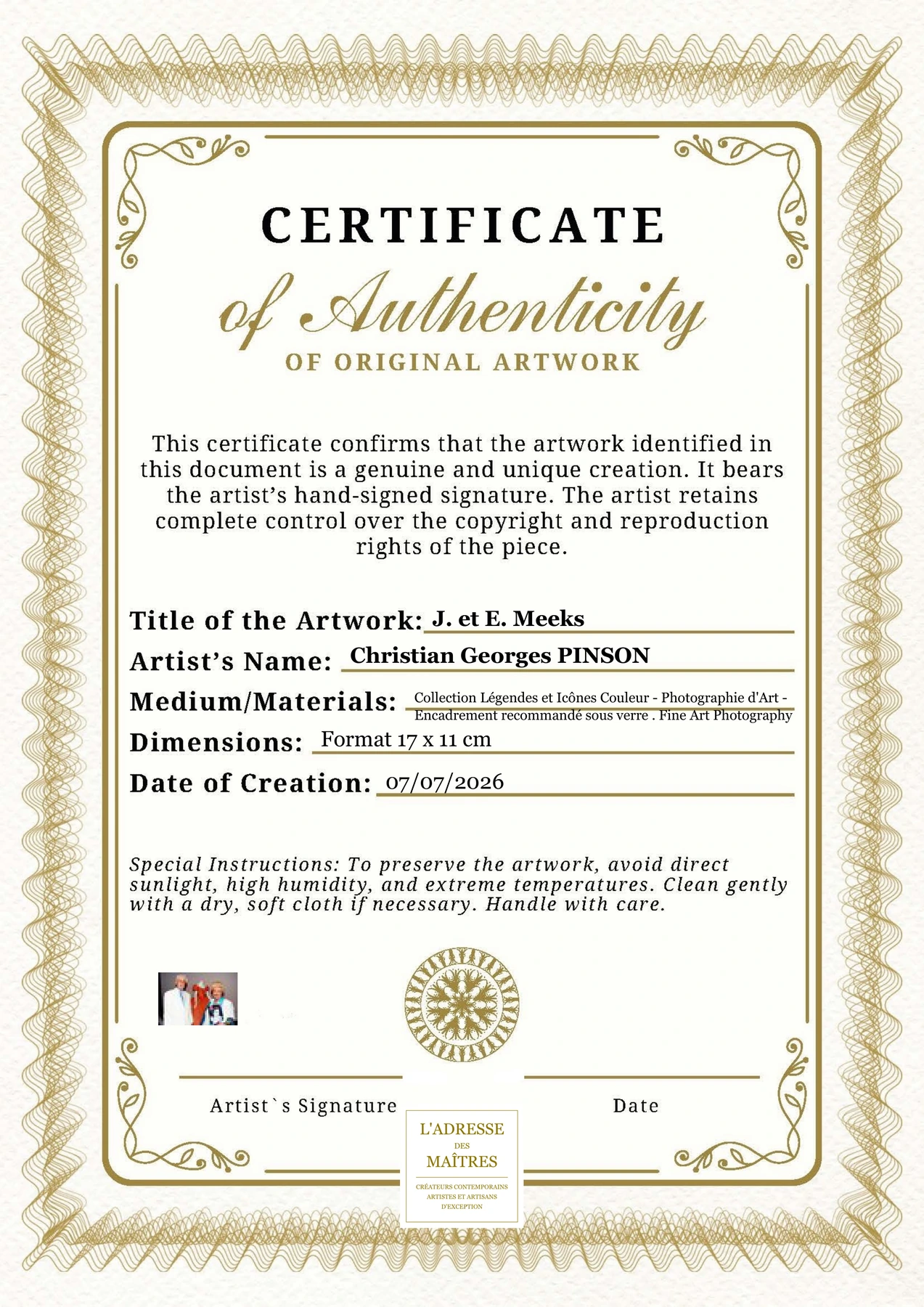 Certificat d'authenticité - J. et E. Meeks - Christian Georges PINSON