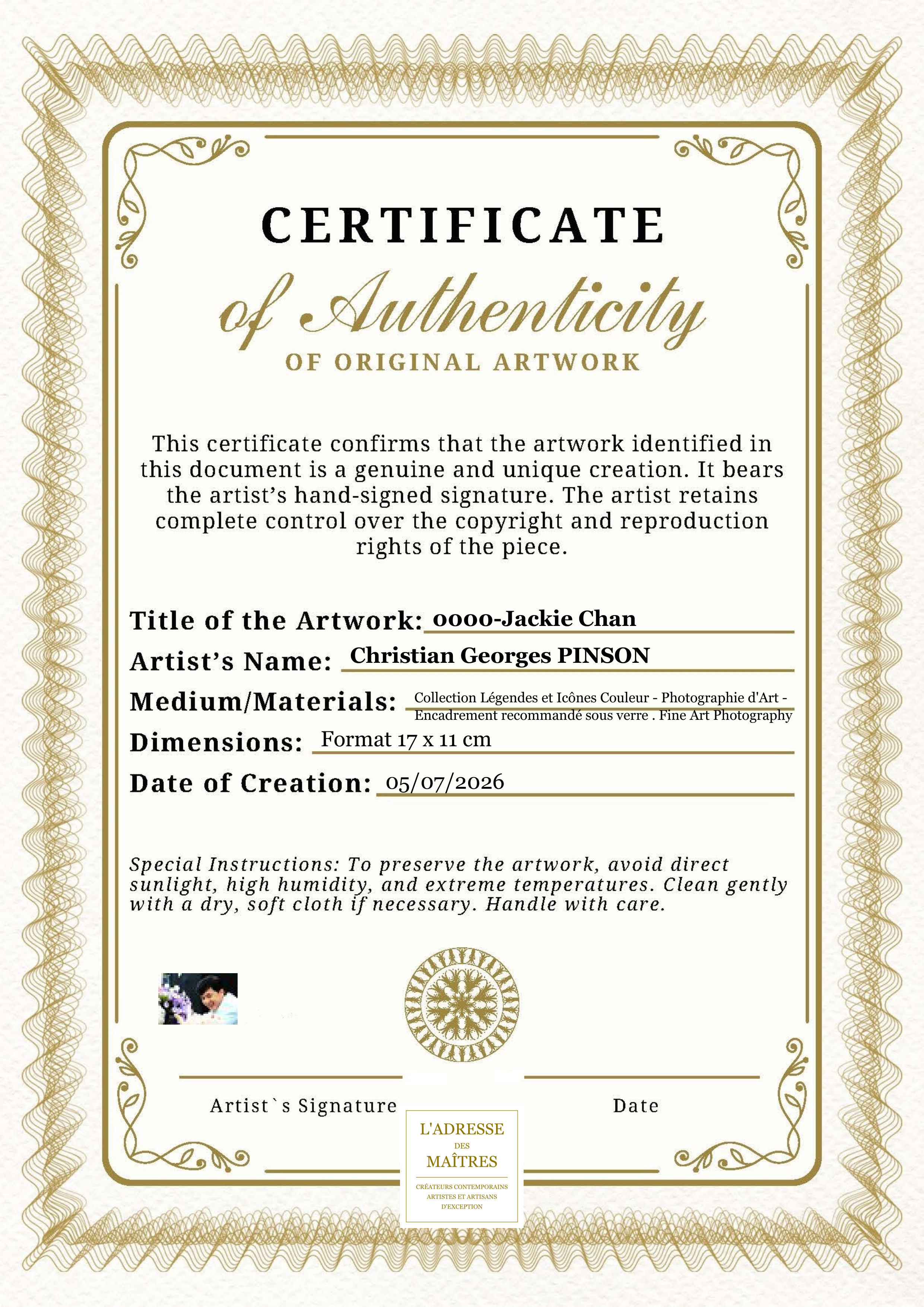 Certificat d'authenticité — 0000-Jackie Chan — Christian Georges PINSON