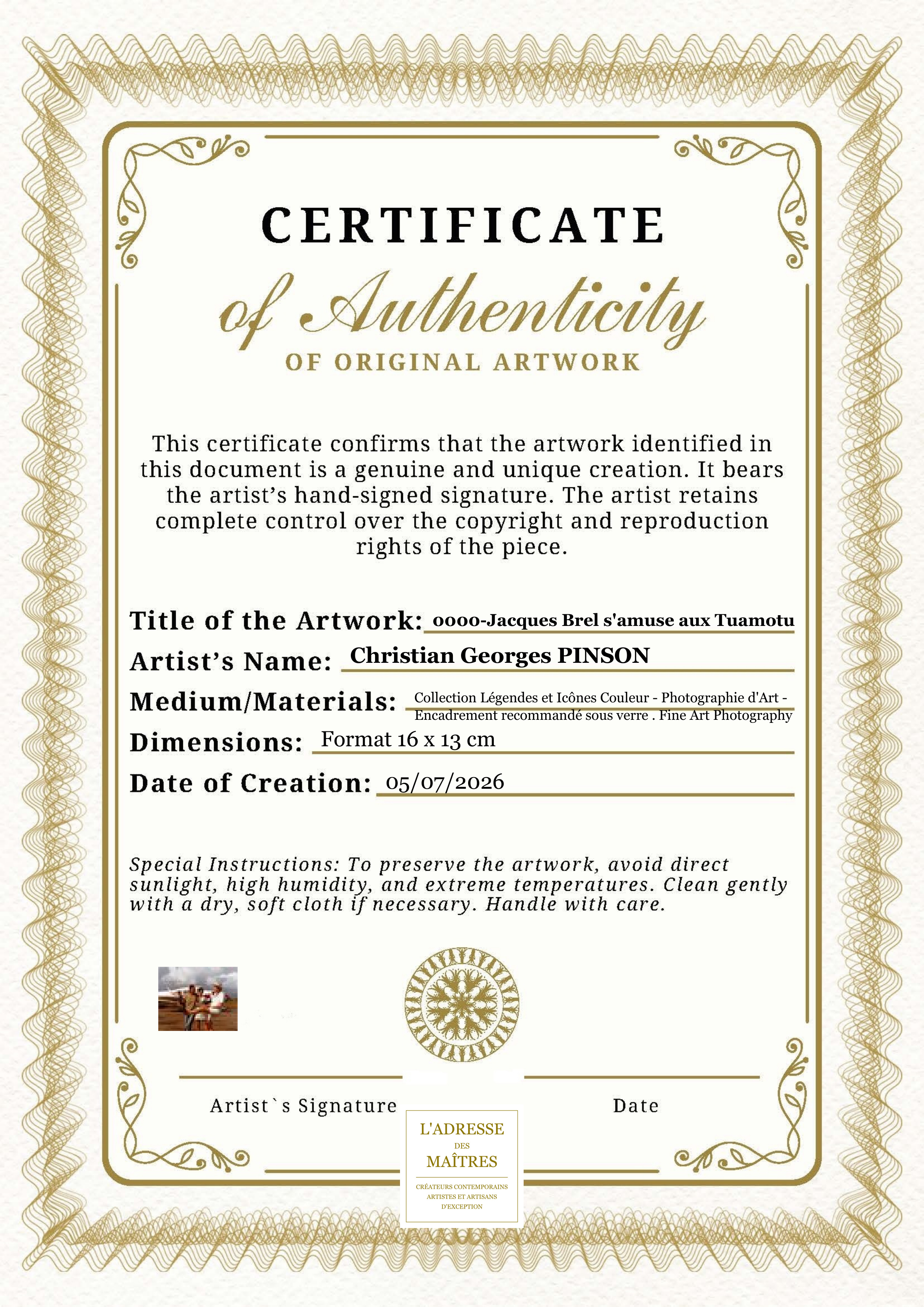 Certificat d'authenticité — 0000-Jacques Brel s'amuse aux Tuamotu — Christian Georges PINSON