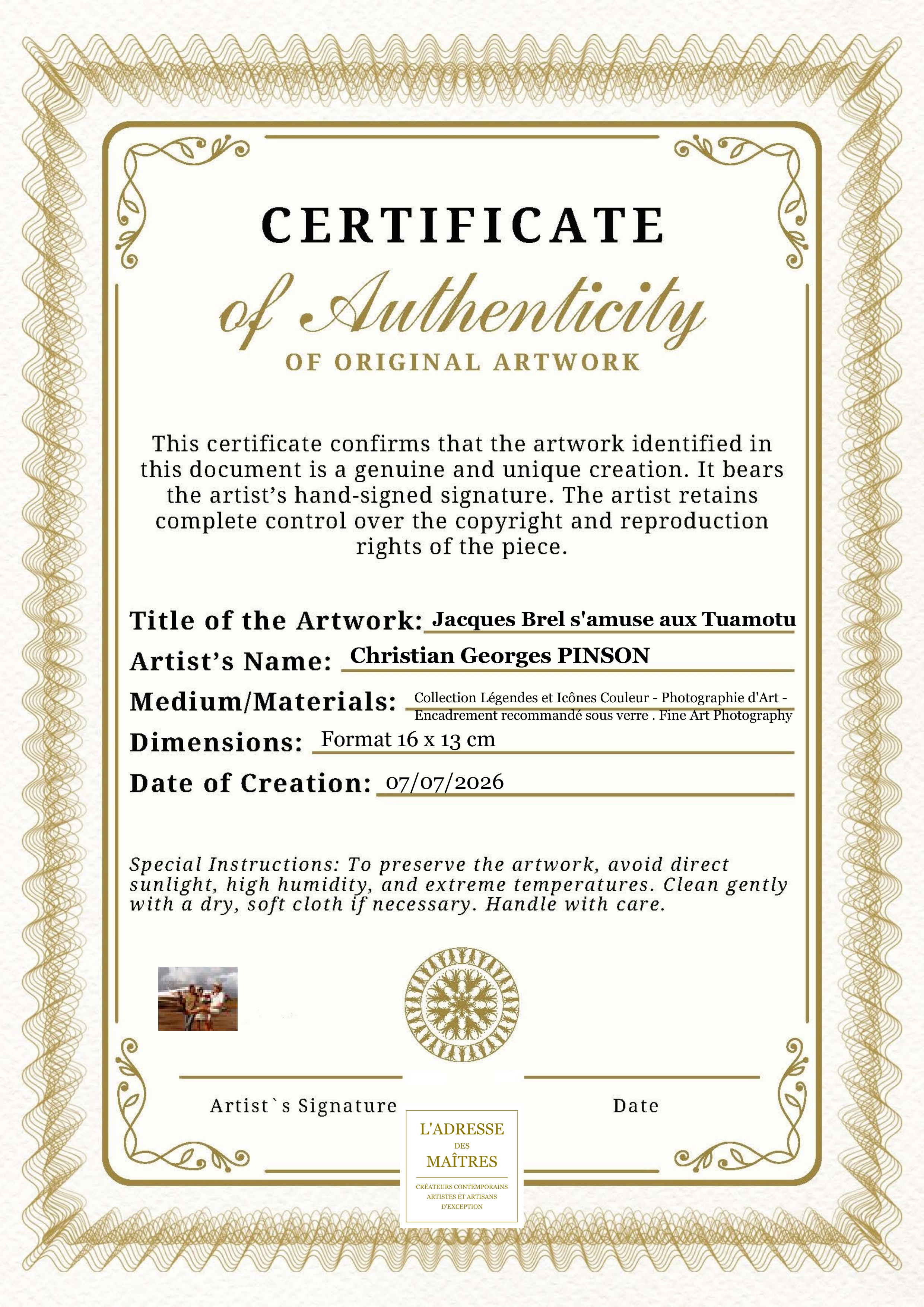 Certificat d'authenticité — Jacques Brel s'amuse aux Tuamotu — Christian Georges PINSON