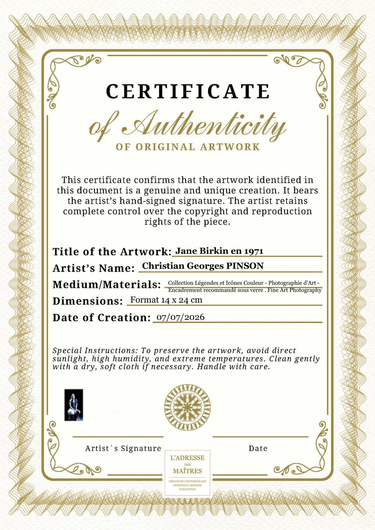 Certificat d'authenticité - Jane Birkin en 1971 - Christian Georges PINSON