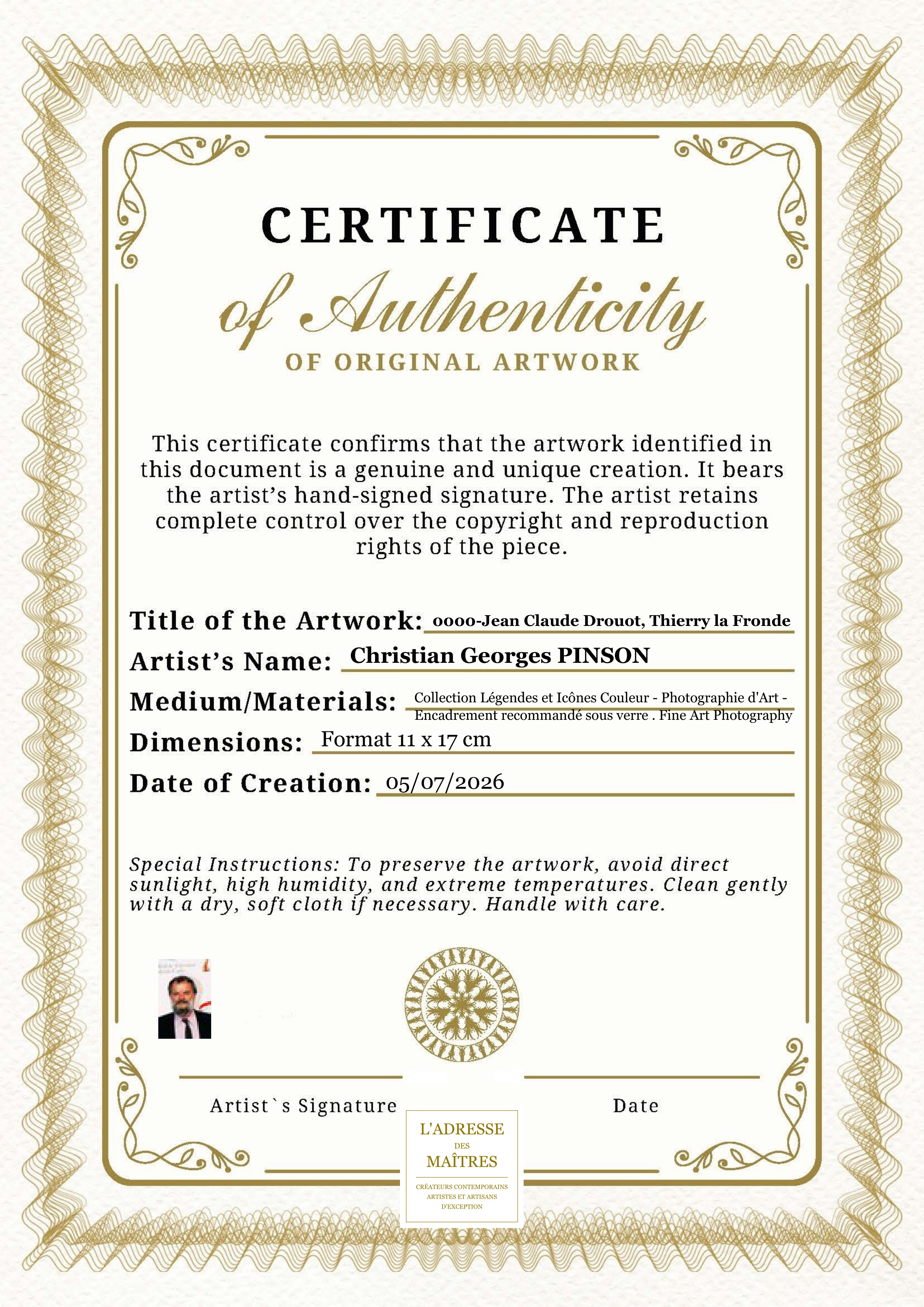 Certificat d'authenticité — 0000-Jean Claude Drouot, Thierry la Fronde — Christian Georges PINSON