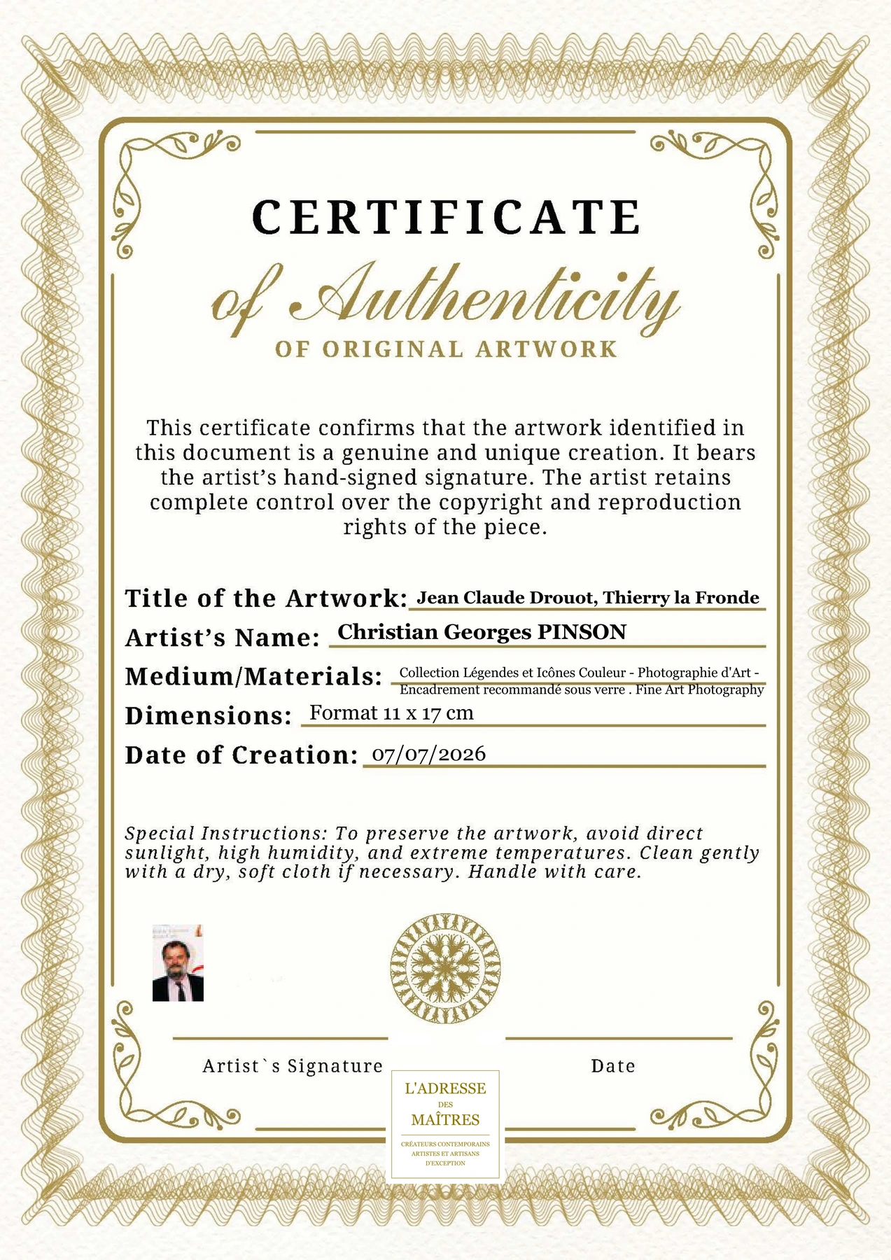 Certificat d'authenticité - Jean Claude Drouot, Thierry la Fronde - Christian Georges PINSON